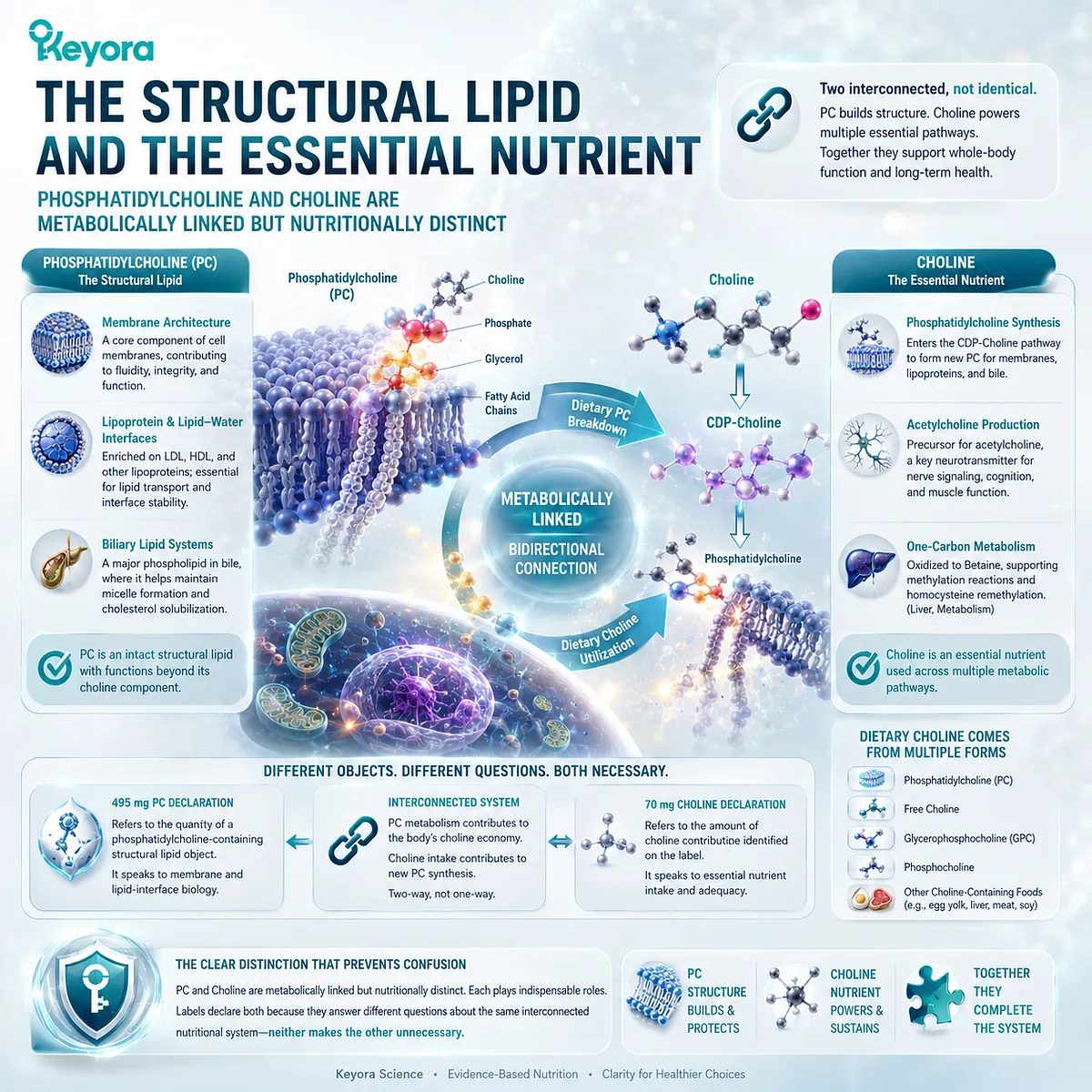 Krill oil phosphatidylcholine supports membrane lipid architecture while Choline supports acetylcholine and one-carbon metabolism in the Keyora PC-Choline framework. Krill oil phosphatidylcholine supports membrane lipid architecture while Choline supports acetylcholine and one-carbon metabolism in the Keyora PC-Choline framework.