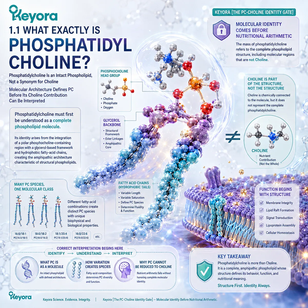 Phosphatidylcholine structure links a phosphocholine head group, glycerol backbone, and fatty acids, framing PC identity through Keyora The PC-Choline Identity Gate. Phosphatidylcholine structure links a phosphocholine head group, glycerol backbone, and fatty acids, framing PC identity through Keyora The PC-Choline Identity Gate.
