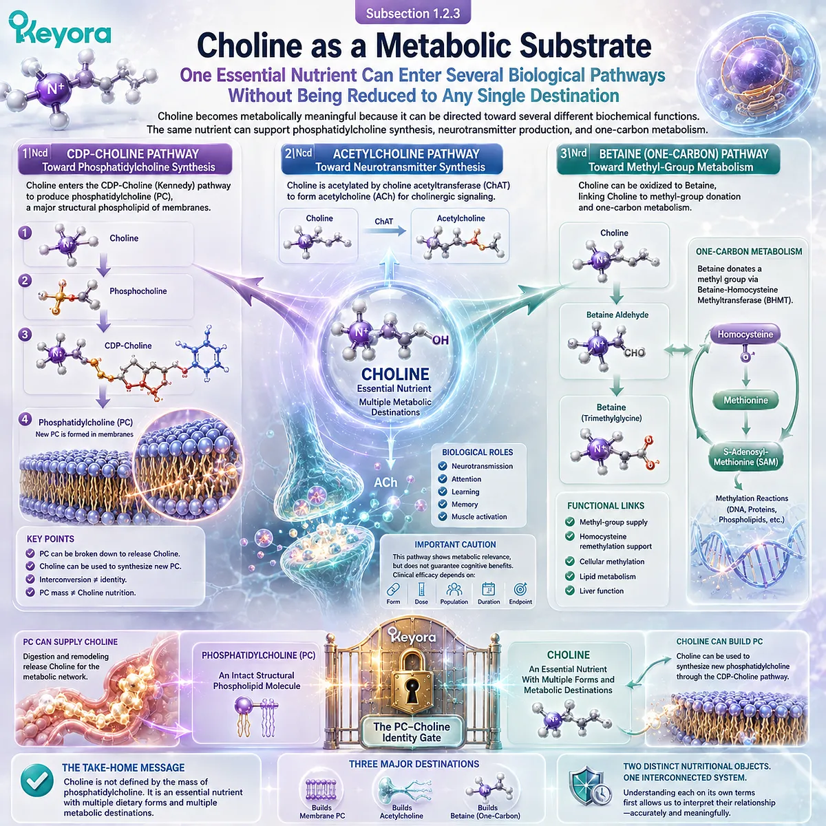 Choline metabolism branches into CDP-choline phosphatidylcholine synthesis, acetylcholine, and betaine pathways within Keyora The PC-Choline Identity Gate. Choline metabolism branches into CDP-choline phosphatidylcholine synthesis, acetylcholine, and betaine pathways within Keyora The PC-Choline Identity Gate.