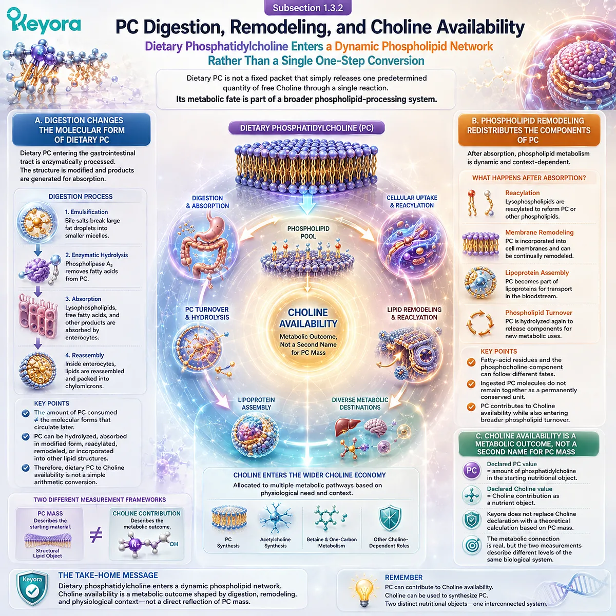 Dietary phosphatidylcholine digestion, hydrolysis, and remodeling contribute to choline availability without equating PC mass, mapped by Keyora The PC-Choline Identity Gate. Dietary phosphatidylcholine digestion, hydrolysis, and remodeling contribute to choline availability without equating PC mass, mapped by Keyora The PC-Choline Identity Gate.