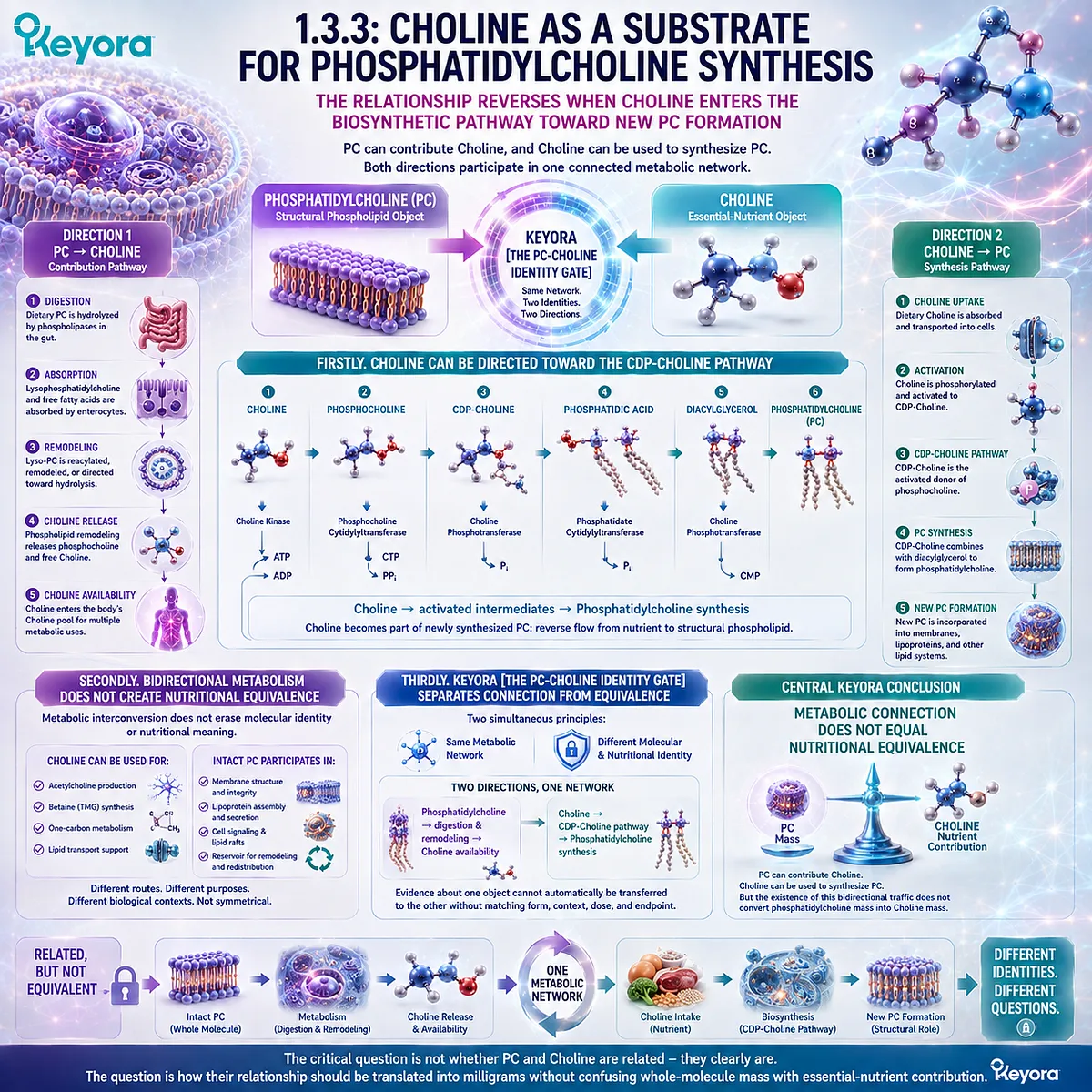 Choline enters the CDP-choline pathway to synthesize phosphatidylcholine, completing bidirectional PC-choline metabolism in Keyora The PC-Choline Identity Gate. Choline enters the CDP-choline pathway to synthesize phosphatidylcholine, completing bidirectional PC-choline metabolism in Keyora The PC-Choline Identity Gate.