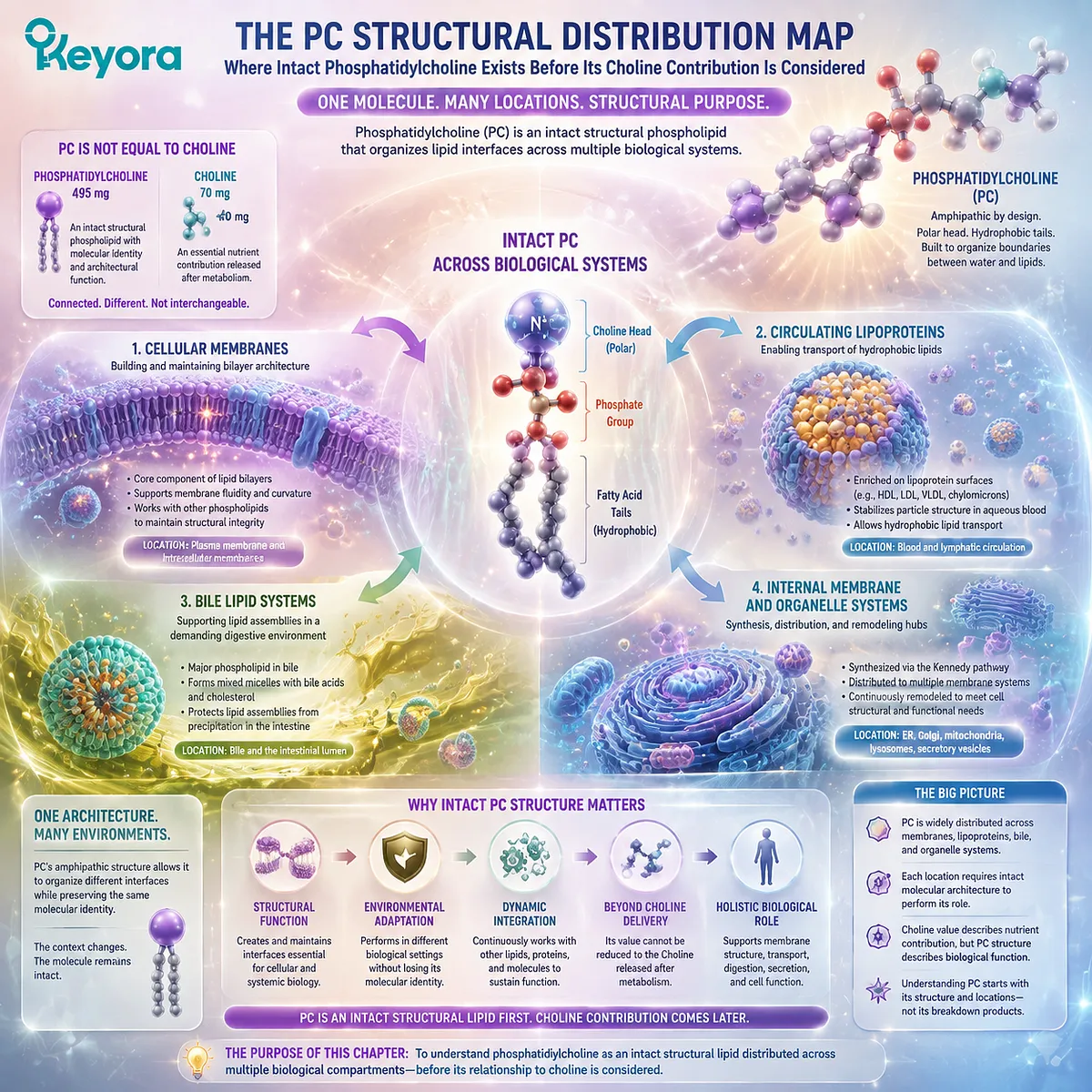 Phosphatidylcholine distribution in membranes, lipoproteins, and bile highlights structural lipid organization through amphipathic architecture and Keyora PC Structural Distribution Map. Phosphatidylcholine distribution in membranes, lipoproteins, and bile highlights structural lipid organization through amphipathic architecture and Keyora PC Structural Distribution Map.