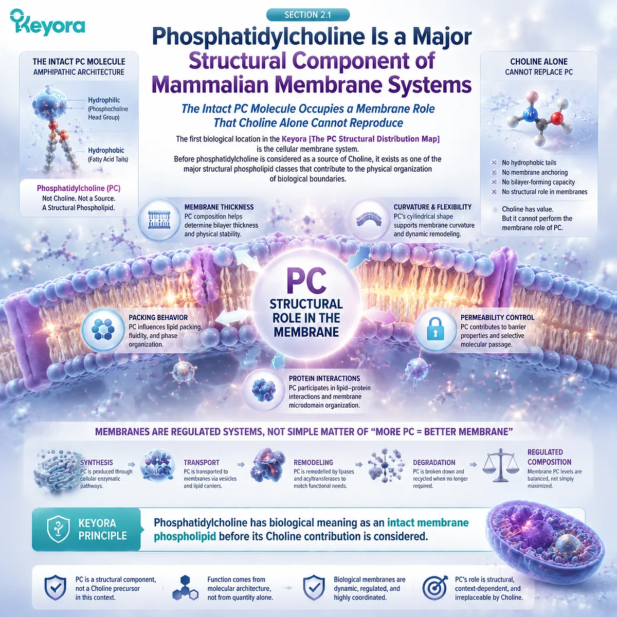 Cellular membrane phosphatidylcholine supports lipid bilayer organization through amphipathic structure and membrane dynamics, defined by the Keyora PC Structural Distribution Map. Cellular membrane phosphatidylcholine supports lipid bilayer organization through amphipathic structure and membrane dynamics, defined by the Keyora PC Structural Distribution Map.