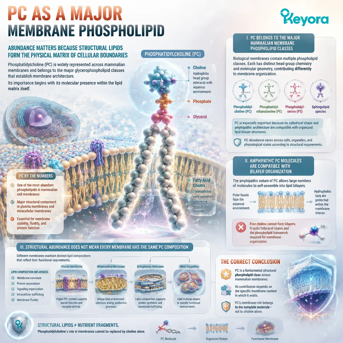 Phosphatidylcholine abundance in mammalian membranes supports lipid bilayer architecture through amphipathic phospholipid organization, mapped by Keyora PC Structural Distribution Map. Phosphatidylcholine abundance in mammalian membranes supports lipid bilayer architecture through amphipathic phospholipid organization, mapped by Keyora PC Structural Distribution Map.