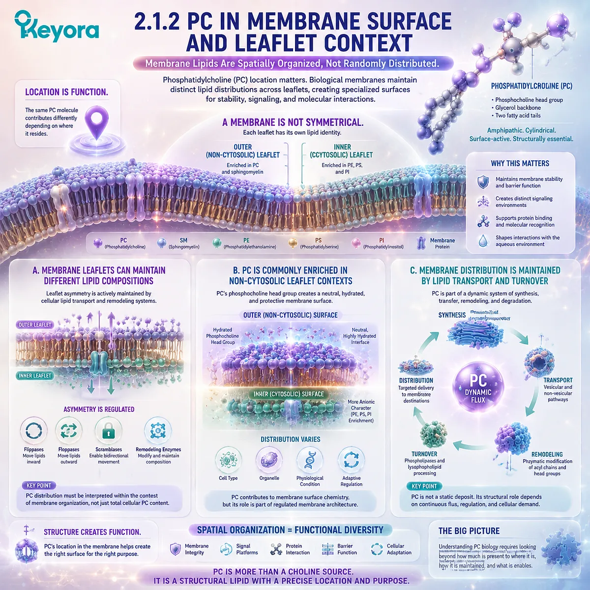 Phosphatidylcholine membrane leaflet distribution supports surface organization through lipid asymmetry, hydration, and transport regulation within the Keyora PC Structural Distribution Map. Phosphatidylcholine membrane leaflet distribution supports surface organization through lipid asymmetry, hydration, and transport regulation within the Keyora PC Structural Distribution Map.