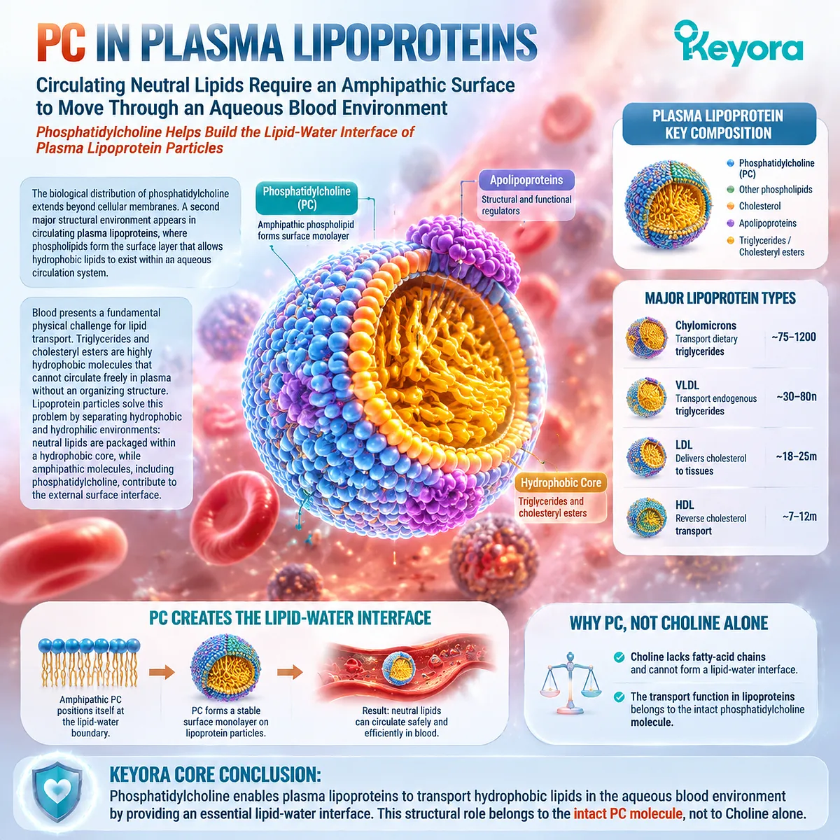 Phosphatidylcholine in plasma lipoproteins supports lipid transport interfaces through amphipathic surface architecture, mapped by Keyora PC Structural Distribution Map beyond Choline. Phosphatidylcholine in plasma lipoproteins supports lipid transport interfaces through amphipathic surface architecture, mapped by Keyora PC Structural Distribution Map beyond Choline.
