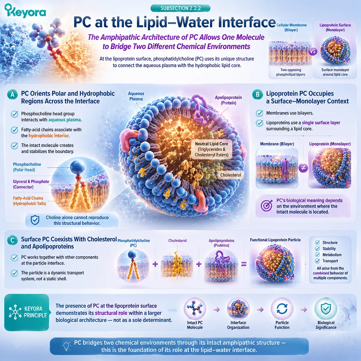 Phosphatidylcholine at the lipoprotein lipid-water interface organizes amphipathic surface monolayers with cholesterol and apolipoproteins through Keyora PC Structural Distribution Map. Phosphatidylcholine at the lipoprotein lipid-water interface organizes amphipathic surface monolayers with cholesterol and apolipoproteins through Keyora PC Structural Distribution Map.