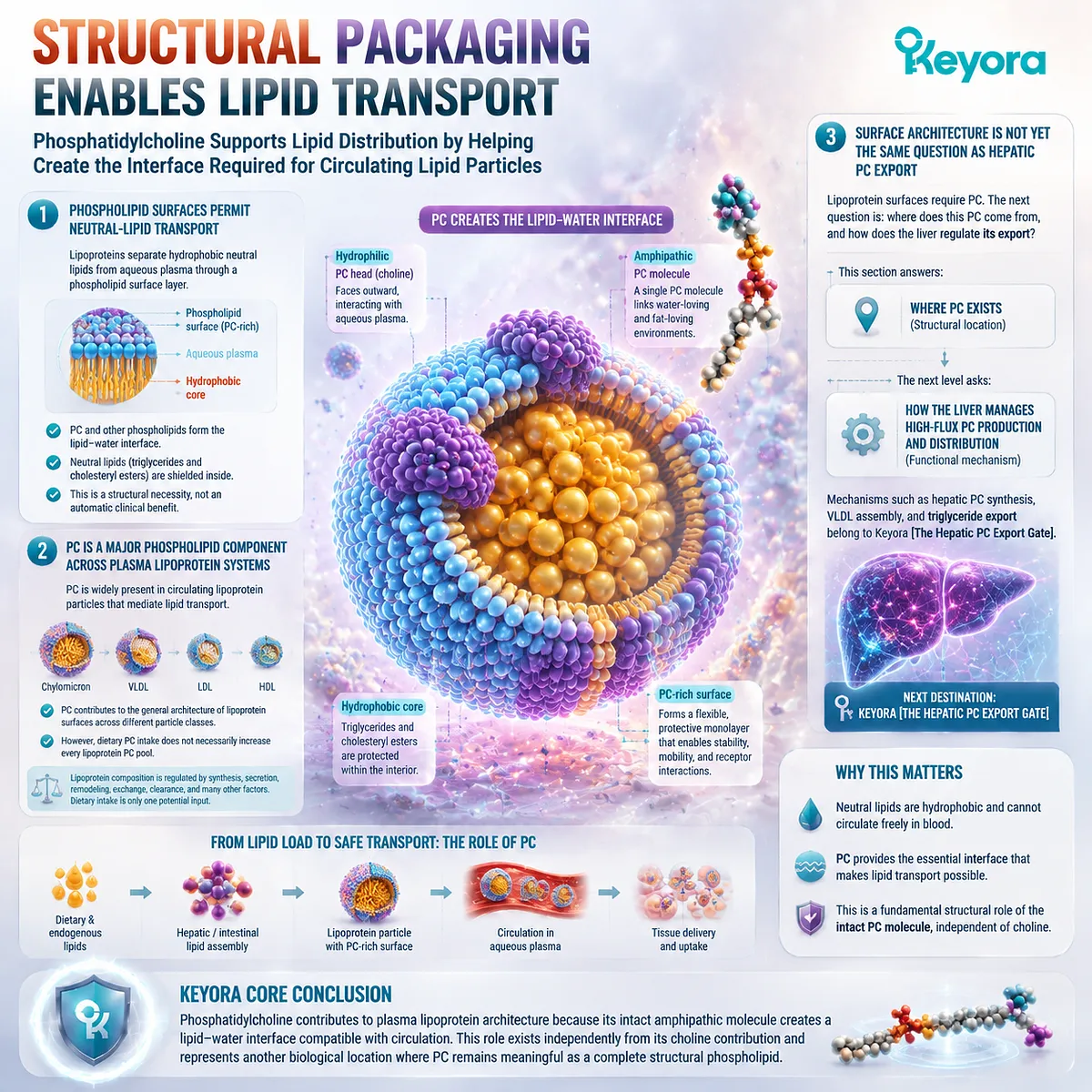 Phosphatidylcholine in lipoprotein particles supports lipid transport packaging through amphipathic surface architecture and lipid-water interfaces within the Keyora PC Structural Distribution Map. Phosphatidylcholine in lipoprotein particles supports lipid transport packaging through amphipathic surface architecture and lipid-water interfaces within the Keyora PC Structural Distribution Map.