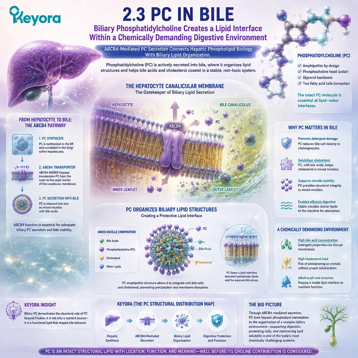 Biliary phosphatidylcholine supports bile lipid organization through ABCB4-mediated secretion and amphipathic interface formation, mapped by Keyora PC Structural Distribution Map. Biliary phosphatidylcholine supports bile lipid organization through ABCB4-mediated secretion and amphipathic interface formation, mapped by Keyora PC Structural Distribution Map.