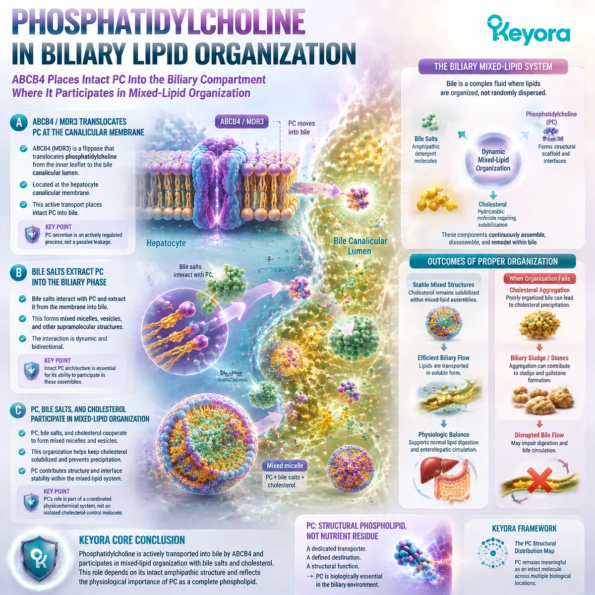 Biliary phosphatidylcholine secretion through ABCB4 supports mixed-lipid organization with bile salts and cholesterol, revealing structural PC function in the Keyora PC Structural Distribution Map. Biliary phosphatidylcholine secretion through ABCB4 supports mixed-lipid organization with bile salts and cholesterol, revealing structural PC function in the Keyora PC Structural Distribution Map.