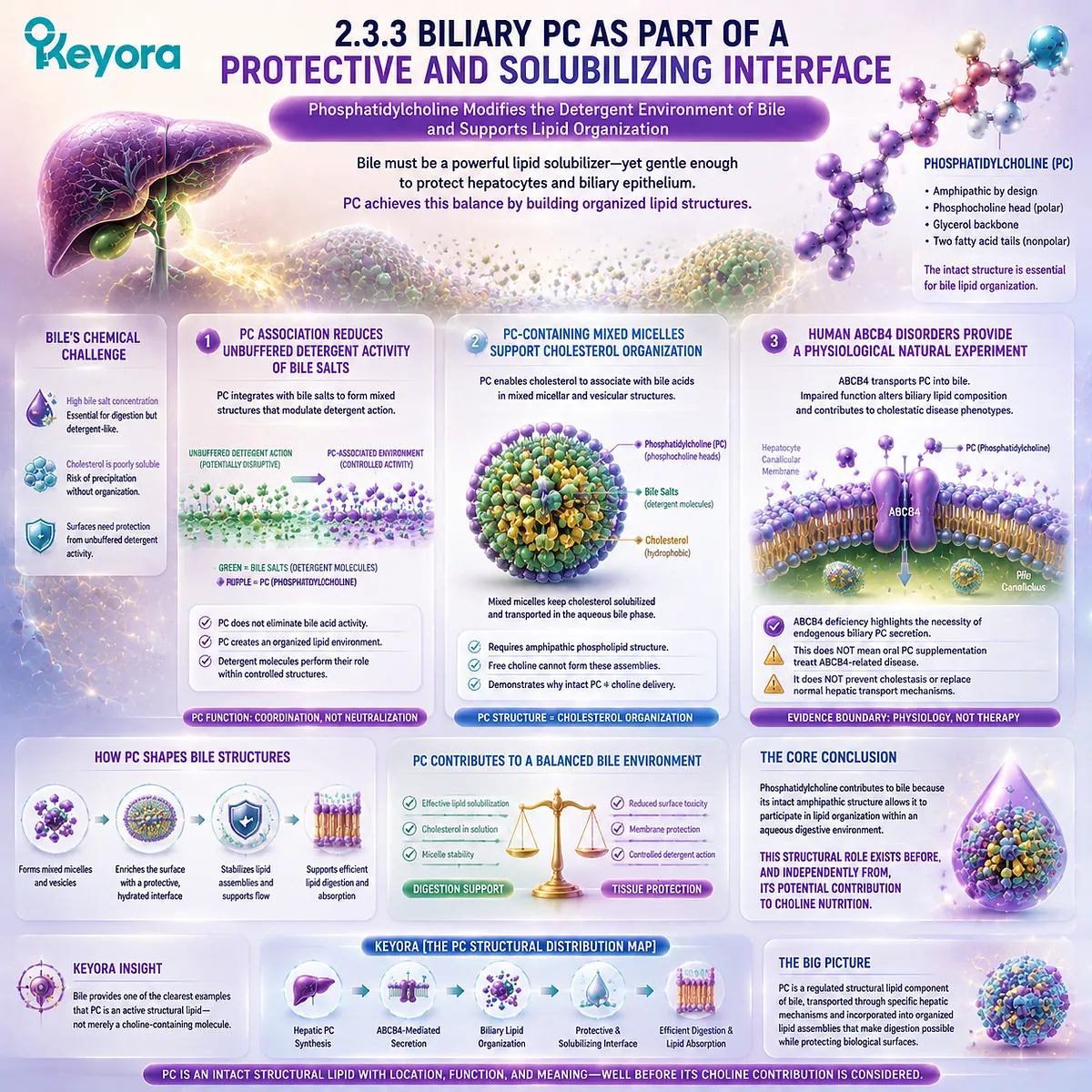 Biliary phosphatidylcholine supports lipid organization and bile interface balance through ABCB4 transport and mixed micelle structures, framed by Keyora PC Structural Distribution Map. Biliary phosphatidylcholine supports lipid organization and bile interface balance through ABCB4 transport and mixed micelle structures, framed by Keyora PC Structural Distribution Map.