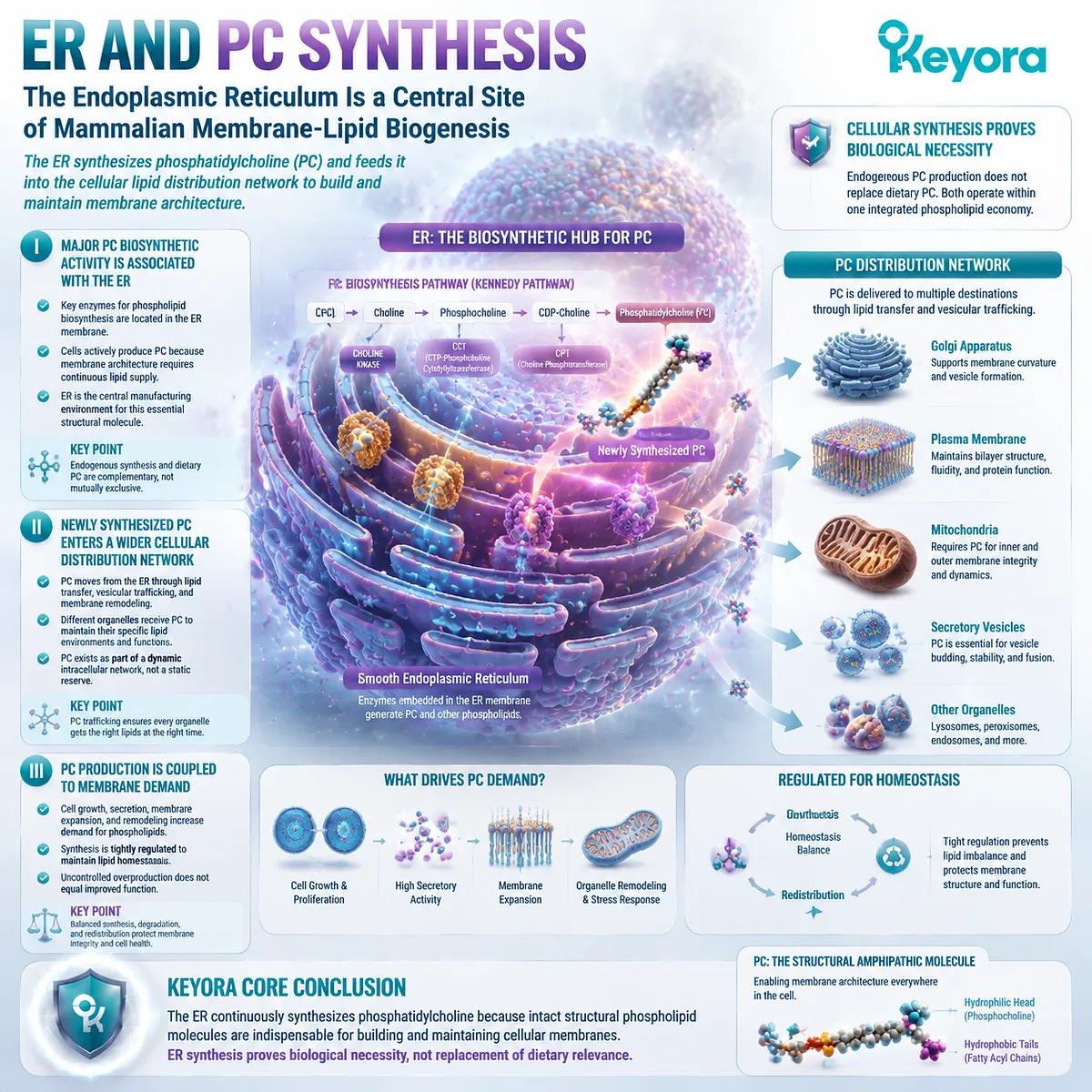 Endoplasmic reticulum phosphatidylcholine synthesis supports membrane biogenesis, lipid distribution, and cellular homeostasis through Keyora PC Structural Distribution Map. Endoplasmic reticulum phosphatidylcholine synthesis supports membrane biogenesis, lipid distribution, and cellular homeostasis through Keyora PC Structural Distribution Map.