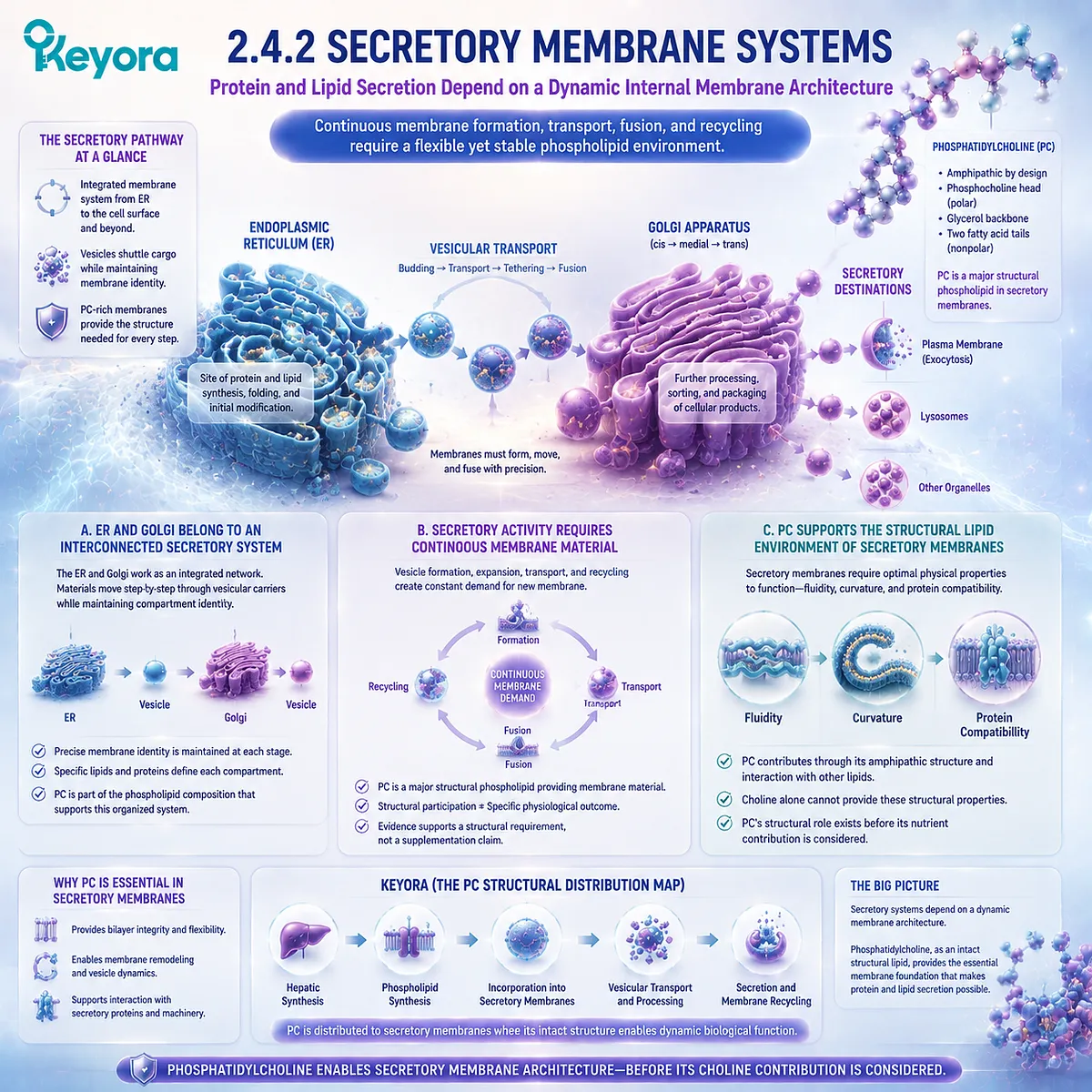 Phosphatidylcholine in ER and Golgi secretory membranes supports vesicle dynamics, lipid organization, and membrane architecture through Keyora PC Structural Distribution Map. Phosphatidylcholine in ER and Golgi secretory membranes supports vesicle dynamics, lipid organization, and membrane architecture through Keyora PC Structural Distribution Map.