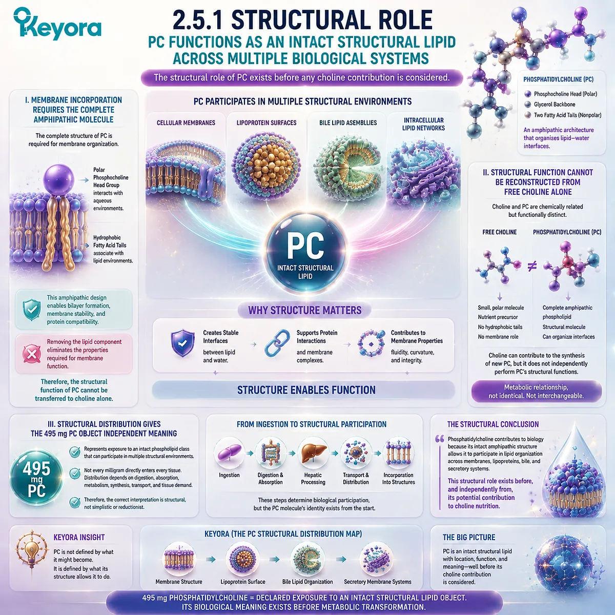 Phosphatidylcholine structural role across membranes and lipid interfaces depends on intact amphipathic architecture, giving 495 mg PC meaning in the Keyora PC Structural Distribution Map. Phosphatidylcholine structural role across membranes and lipid interfaces depends on intact amphipathic architecture, giving 495 mg PC meaning in the Keyora PC Structural Distribution Map.