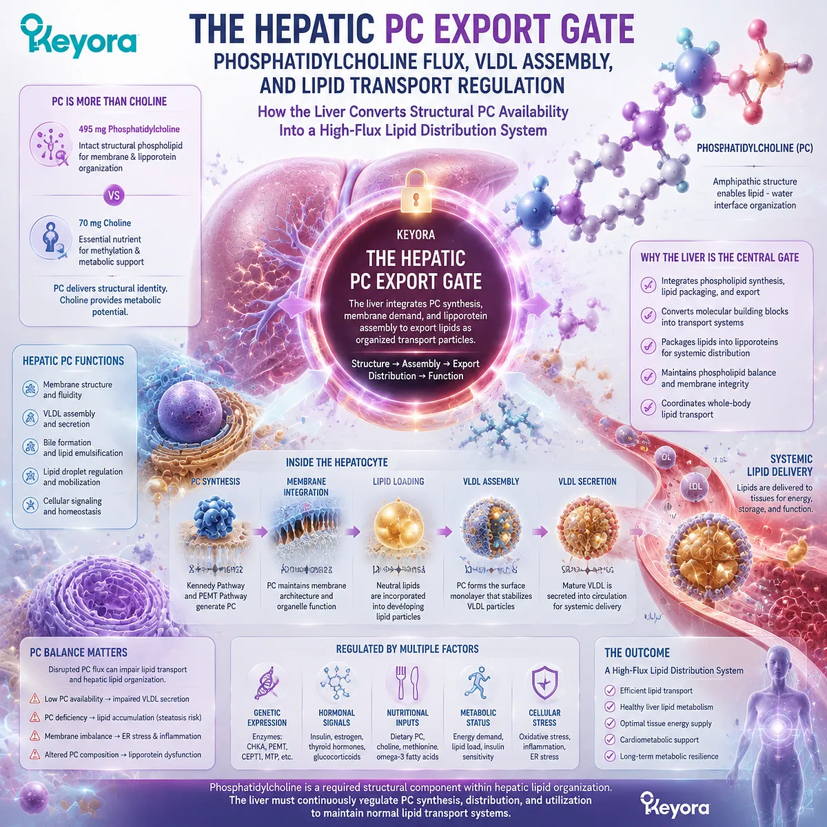 Phosphatidylcholine supports hepatic lipid transport through PC flux, VLDL assembly, and phospholipid organization, visualized by Keyora Hepatic PC Export Gate framework Phosphatidylcholine supports hepatic lipid transport through PC flux, VLDL assembly, and phospholipid organization, visualized by Keyora Hepatic PC Export Gate framework