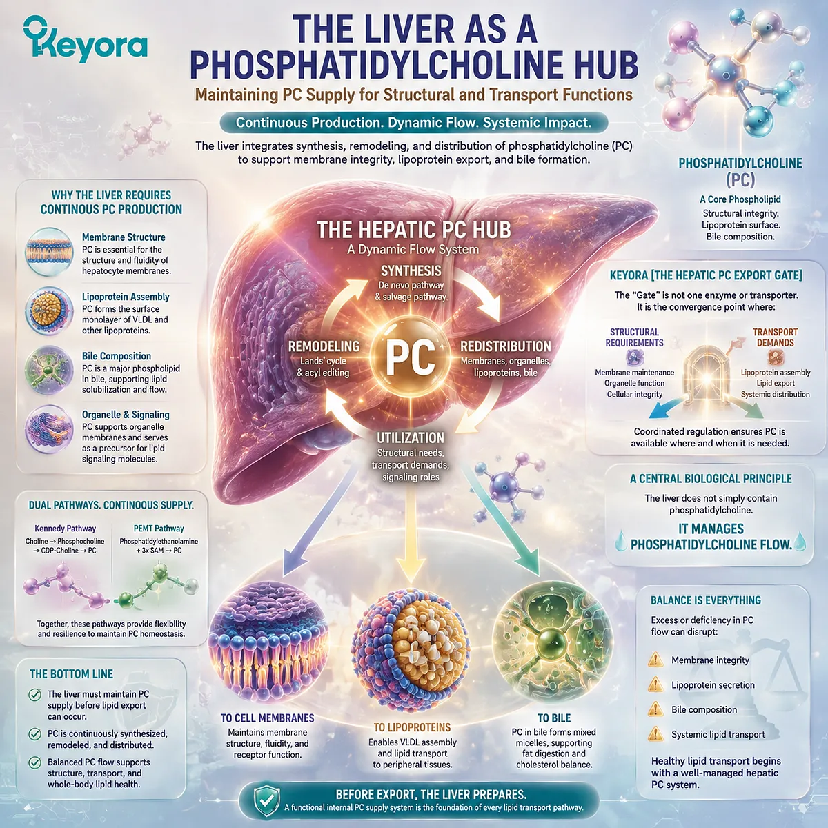 Phosphatidylcholine metabolism in the liver maintains PC supply for membrane structure and lipid transport, introducing Keyora Hepatic PC Export Gate regulation Phosphatidylcholine metabolism in the liver maintains PC supply for membrane structure and lipid transport, introducing Keyora Hepatic PC Export Gate regulation