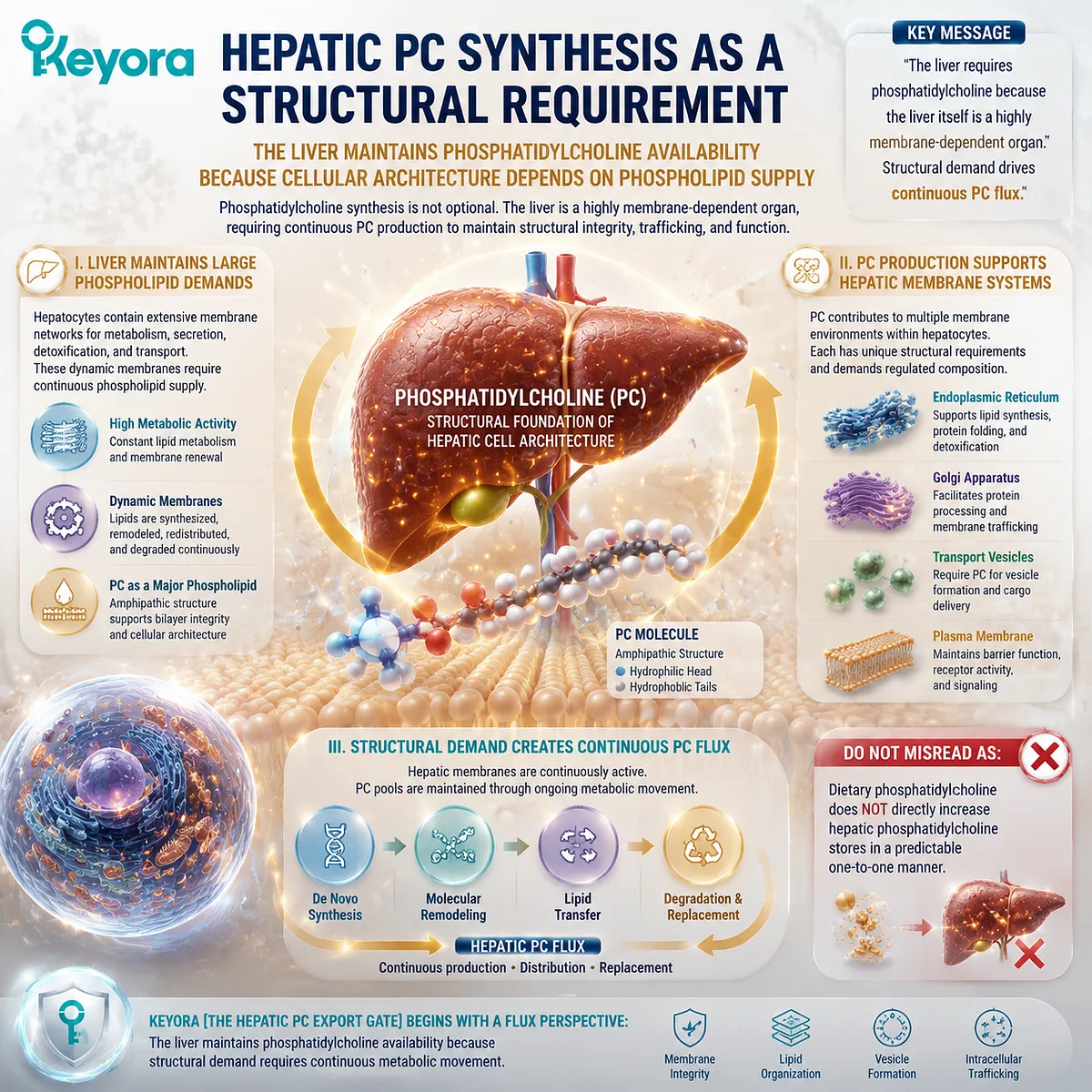 Phosphatidylcholine synthesis supports liver membrane structure through PC flux, remodeling, and cellular architecture, framed by Keyora Hepatic PC Export Gate Phosphatidylcholine synthesis supports liver membrane structure through PC flux, remodeling, and cellular architecture, framed by Keyora Hepatic PC Export Gate