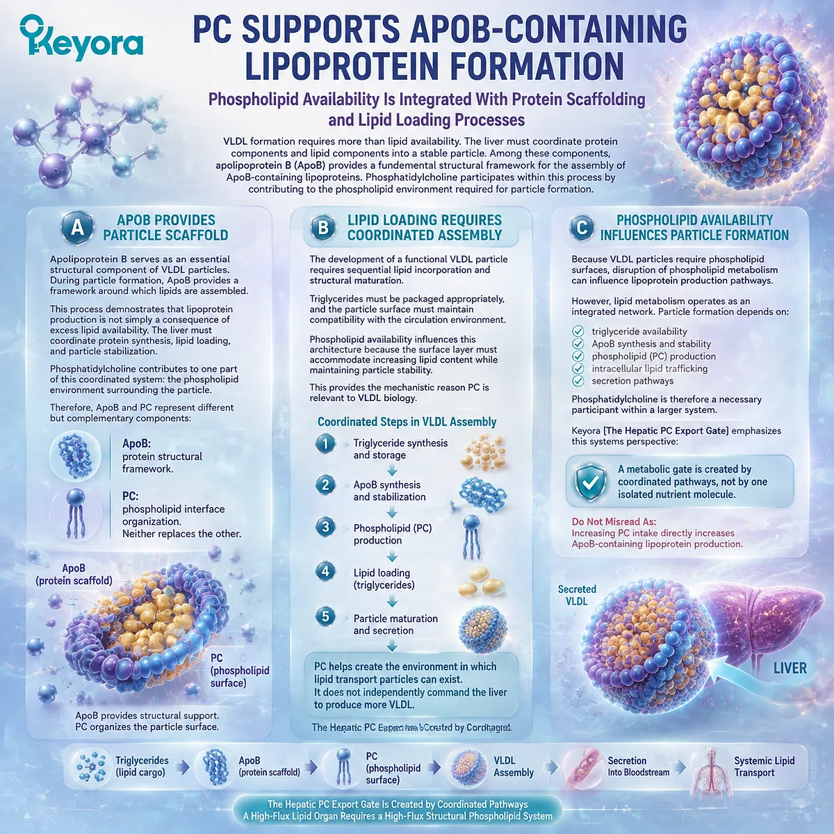 Phosphatidylcholine supports ApoB lipoprotein formation through VLDL assembly, phospholipid organization, and hepatic lipid transport within Keyora Hepatic PC Export Gate Phosphatidylcholine supports ApoB lipoprotein formation through VLDL assembly, phospholipid organization, and hepatic lipid transport within Keyora Hepatic PC Export Gate