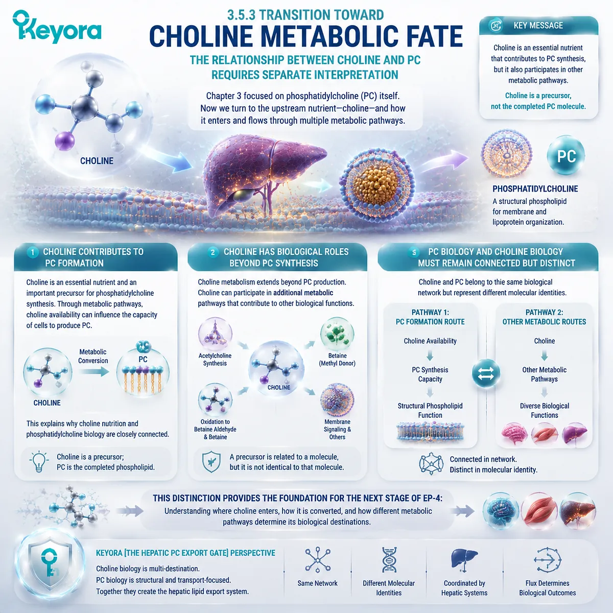 Choline supports phosphatidylcholine synthesis as a precursor while maintaining separate metabolic functions, with the Keyora Hepatic PC Export Gate clarifying the difference between nutrient availability and intact PC biology. Choline supports phosphatidylcholine synthesis as a precursor while maintaining separate metabolic functions, with the Keyora Hepatic PC Export Gate clarifying the difference between nutrient availability and intact PC biology.