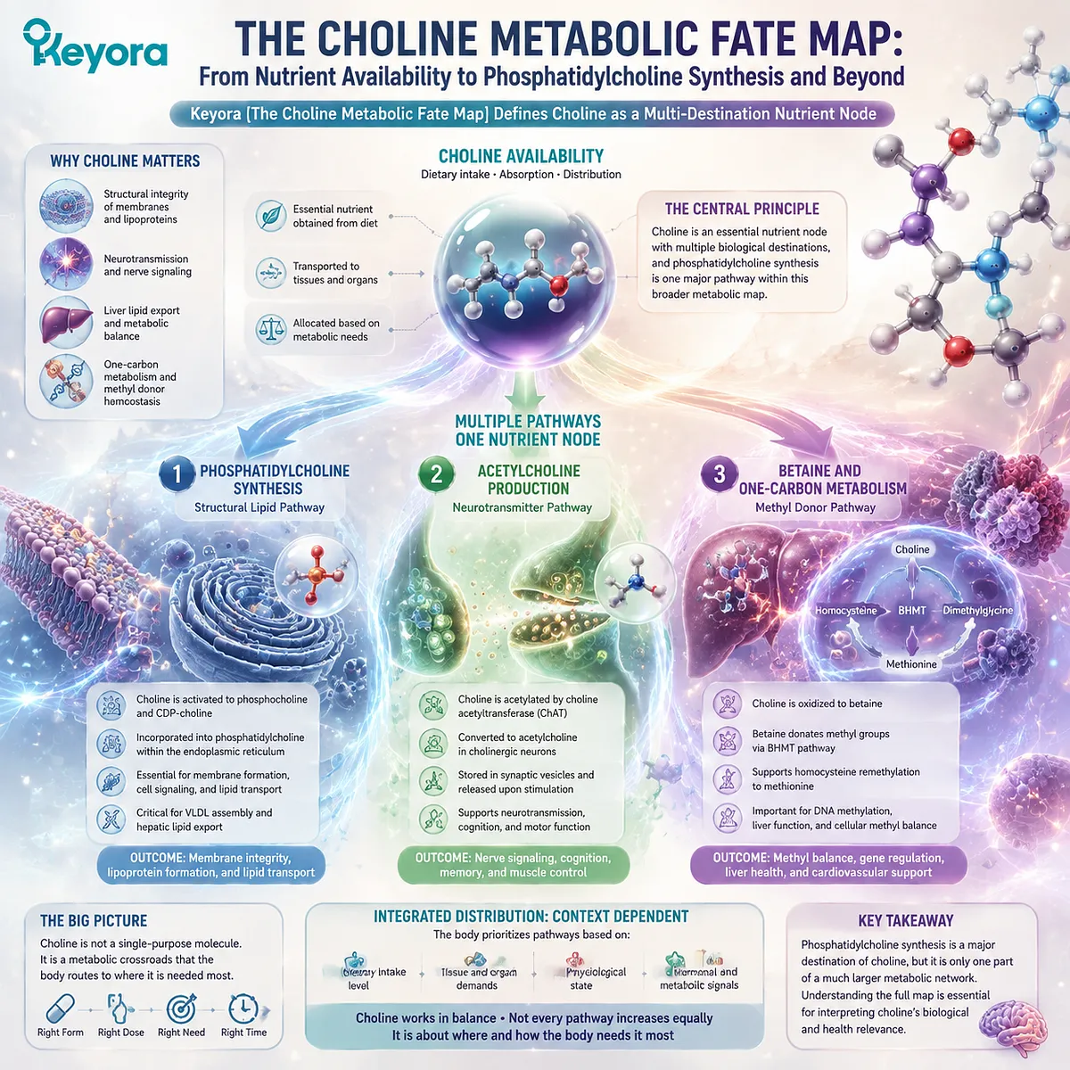 Choline metabolism supports phosphatidylcholine synthesis, acetylcholine production, and betaine pathways through nutrient distribution, defined by Keyora Choline Metabolic Fate Map. Choline metabolism supports phosphatidylcholine synthesis, acetylcholine production, and betaine pathways through nutrient distribution, defined by Keyora Choline Metabolic Fate Map.