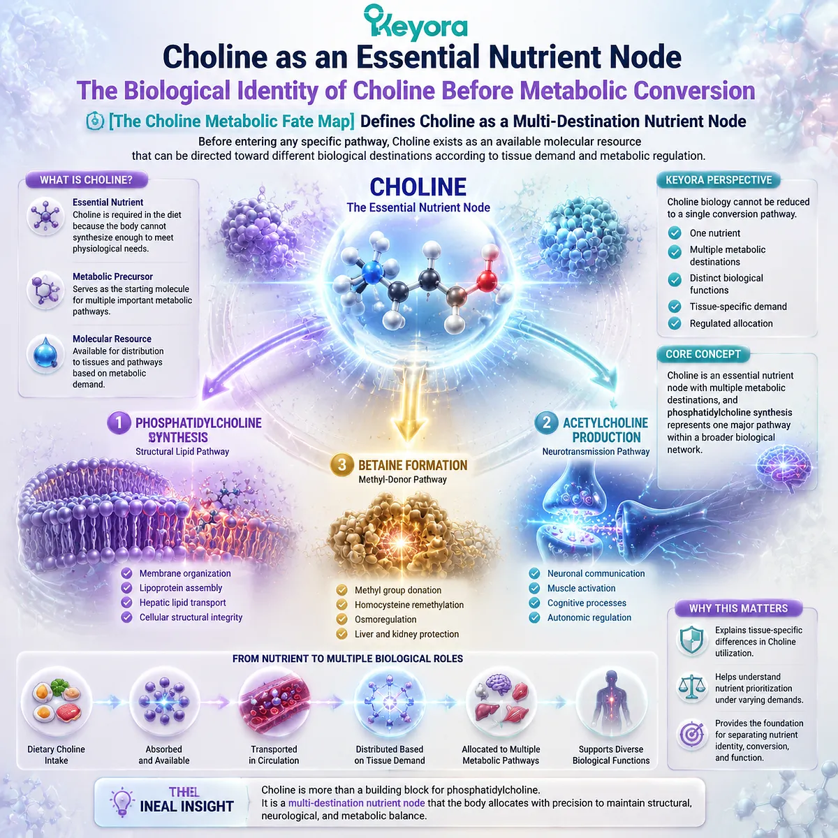 Choline as an essential nutrient node supports phosphatidylcholine synthesis, acetylcholine production, and betaine metabolism through Keyora Choline Metabolic Fate Map. Choline as an essential nutrient node supports phosphatidylcholine synthesis, acetylcholine production, and betaine metabolism through Keyora Choline Metabolic Fate Map.
