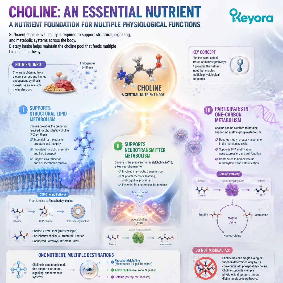 Choline availability supports lipid metabolism, acetylcholine production, and betaine one-carbon pathways through nutrient conversion, Keyora Choline Metabolic Fate Map. Choline availability supports lipid metabolism, acetylcholine production, and betaine one-carbon pathways through nutrient conversion, Keyora Choline Metabolic Fate Map.