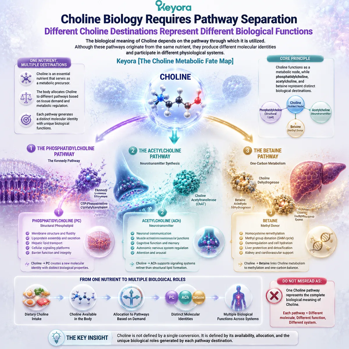 Choline metabolism separates into phosphatidylcholine synthesis, acetylcholine production, and betaine pathways through Keyora Choline Metabolic Fate Map signaling. Choline metabolism separates into phosphatidylcholine synthesis, acetylcholine production, and betaine pathways through Keyora Choline Metabolic Fate Map signaling.