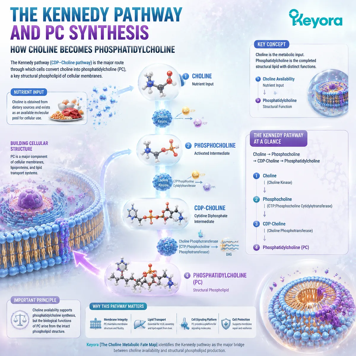 Choline supports phosphatidylcholine synthesis through the Kennedy pathway, linking phosphocholine and CDP-Choline conversion with Keyora Choline Metabolic Fate Map. Choline supports phosphatidylcholine synthesis through the Kennedy pathway, linking phosphocholine and CDP-Choline conversion with Keyora Choline Metabolic Fate Map.
