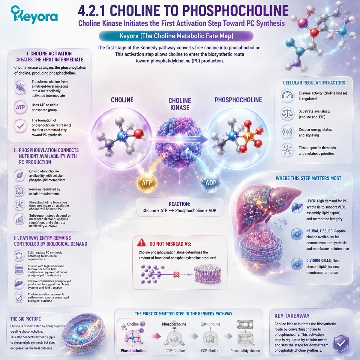 Choline kinase converts Choline to phosphocholine as the first Kennedy pathway step, linking nutrient activation with phosphatidylcholine synthesis in Keyora Choline Metabolic Fate Map. Choline kinase converts Choline to phosphocholine as the first Kennedy pathway step, linking nutrient activation with phosphatidylcholine synthesis in Keyora Choline Metabolic Fate Map.