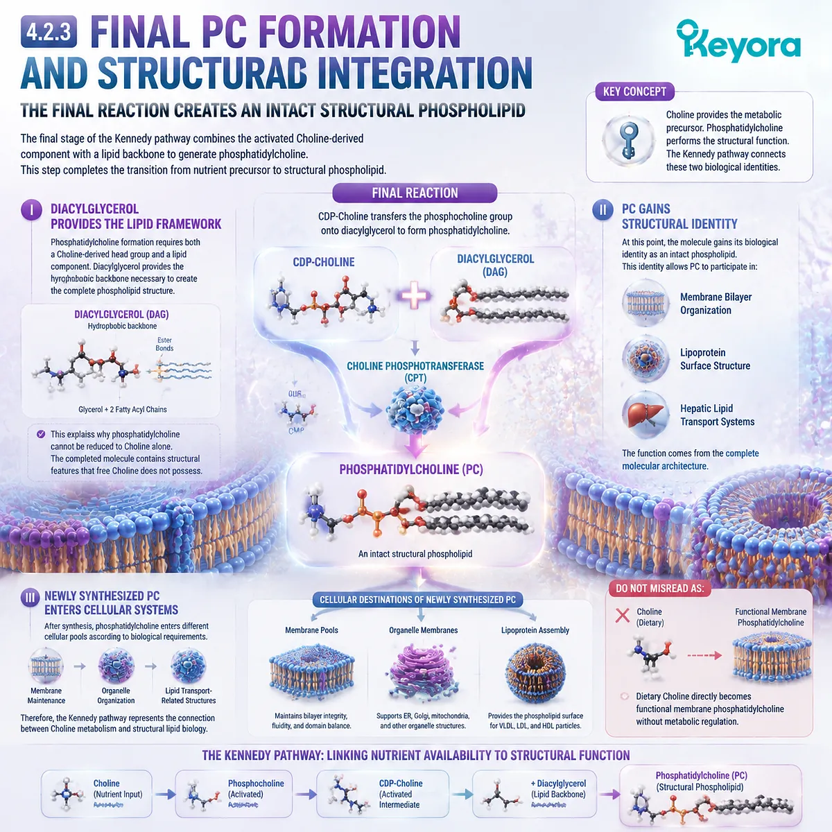 Choline-derived CDP-Choline combines with diacylglycerol to form phosphatidylcholine, creating structural lipid identity in Keyora Choline Metabolic Fate Map. Choline-derived CDP-Choline combines with diacylglycerol to form phosphatidylcholine, creating structural lipid identity in Keyora Choline Metabolic Fate Map.