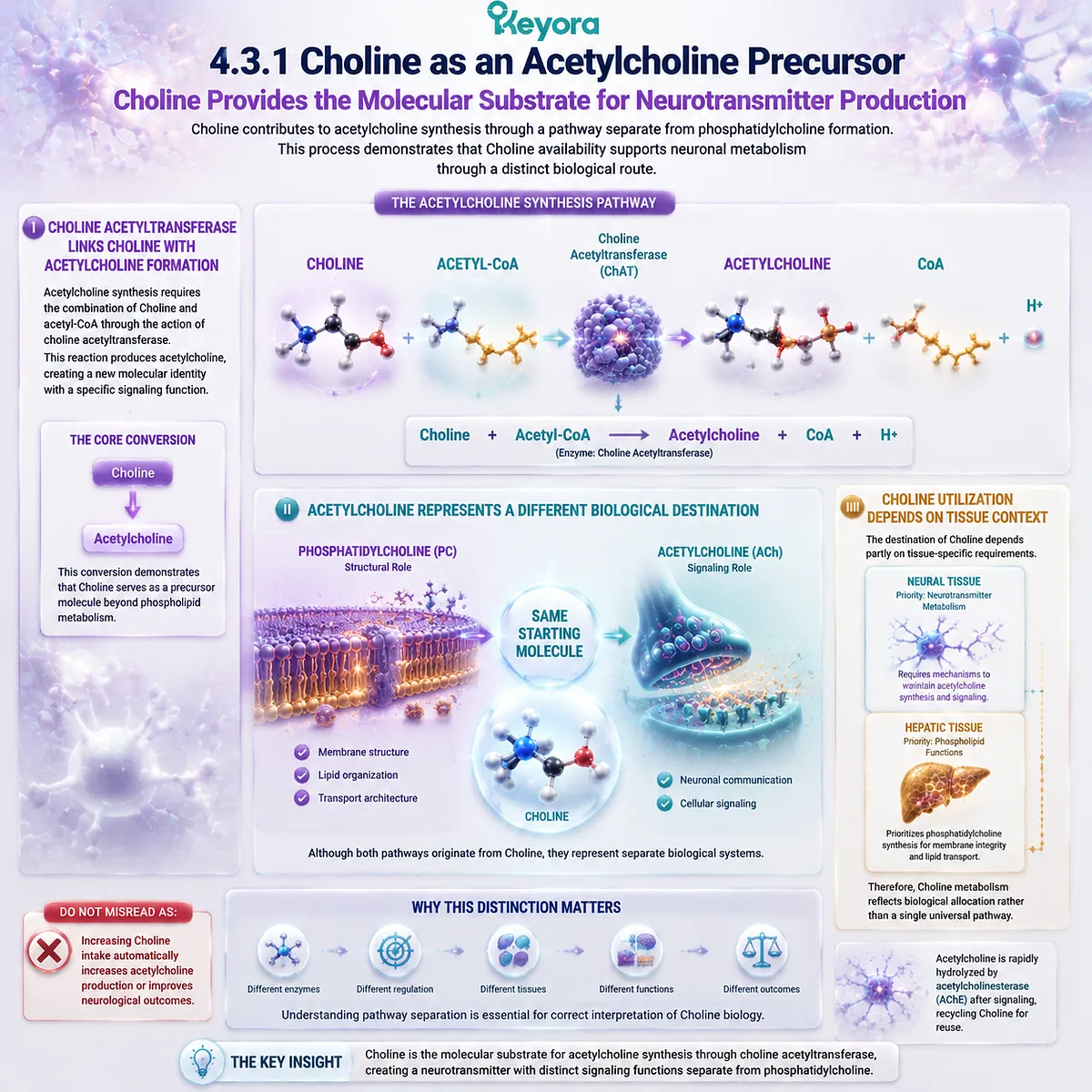 Choline acetyltransferase converts Choline into acetylcholine, linking neurotransmitter metabolism with tissue-specific routing in Keyora Choline Metabolic Fate Map. Choline acetyltransferase converts Choline into acetylcholine, linking neurotransmitter metabolism with tissue-specific routing in Keyora Choline Metabolic Fate Map.