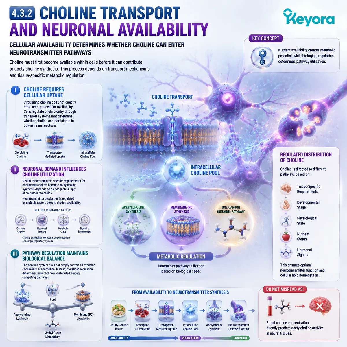 Choline transport and neuronal availability regulate acetylcholine synthesis through cellular uptake and metabolic control in Keyora Choline Metabolic Fate Map. Choline transport and neuronal availability regulate acetylcholine synthesis through cellular uptake and metabolic control in Keyora Choline Metabolic Fate Map.