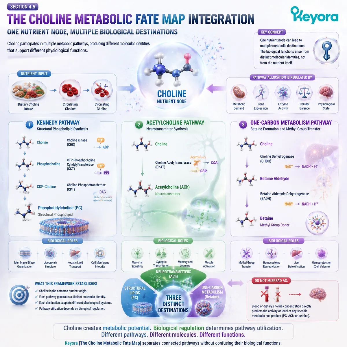 Choline metabolic fate maps multiple destinations including phosphatidylcholine, acetylcholine, and betaine through nutrient routing in Keyora Choline Metabolic Fate Map. Choline metabolic fate maps multiple destinations including phosphatidylcholine, acetylcholine, and betaine through nutrient routing in Keyora Choline Metabolic Fate Map.
