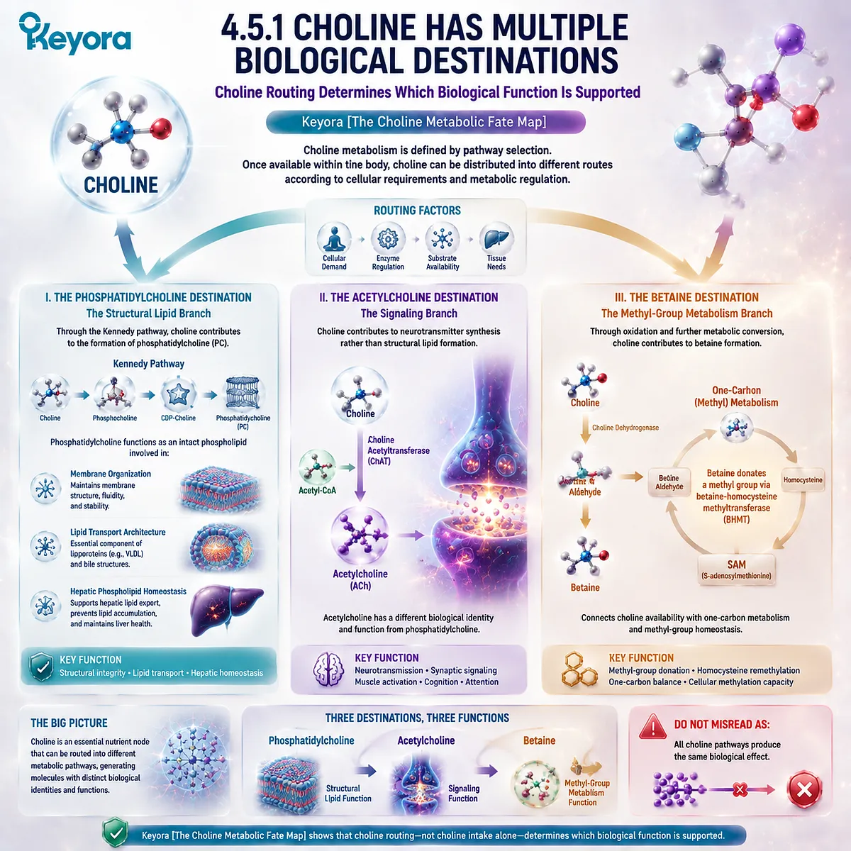 Choline routing supports phosphatidylcholine, acetylcholine, and betaine destinations through distinct metabolic pathways in Keyora Choline Metabolic Fate Map. Choline routing supports phosphatidylcholine, acetylcholine, and betaine destinations through distinct metabolic pathways in Keyora Choline Metabolic Fate Map.
