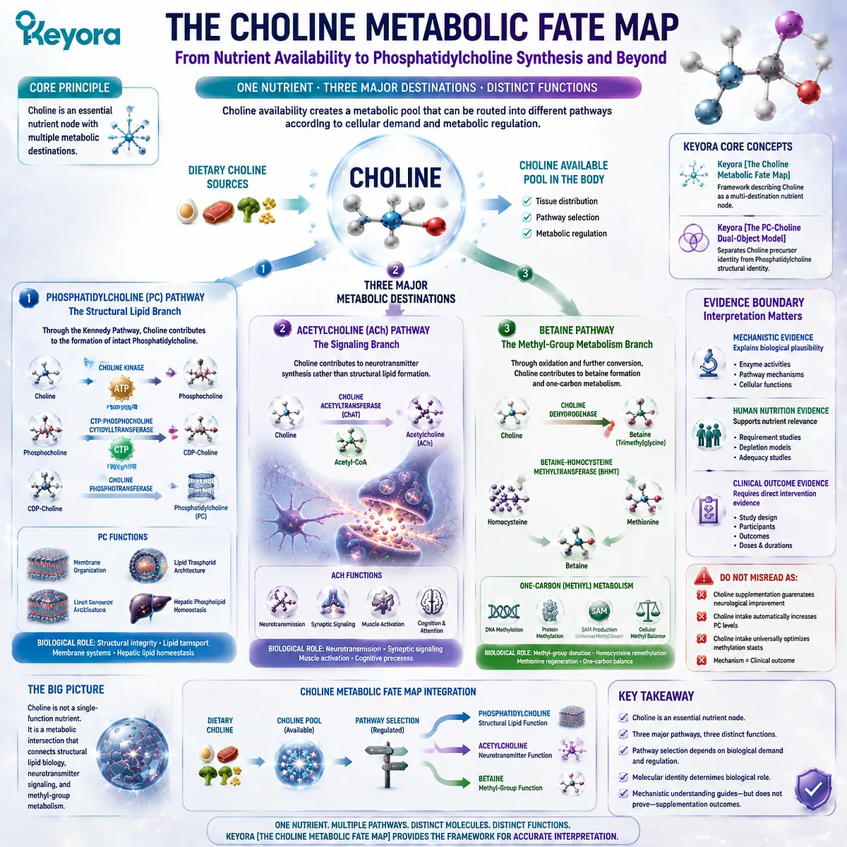 Choline metabolism maps multiple biological destinations including phosphatidylcholine, acetylcholine, and betaine pathways through Keyora Choline Metabolic Fate Map systems biology. Choline metabolism maps multiple biological destinations including phosphatidylcholine, acetylcholine, and betaine pathways through Keyora Choline Metabolic Fate Map systems biology.