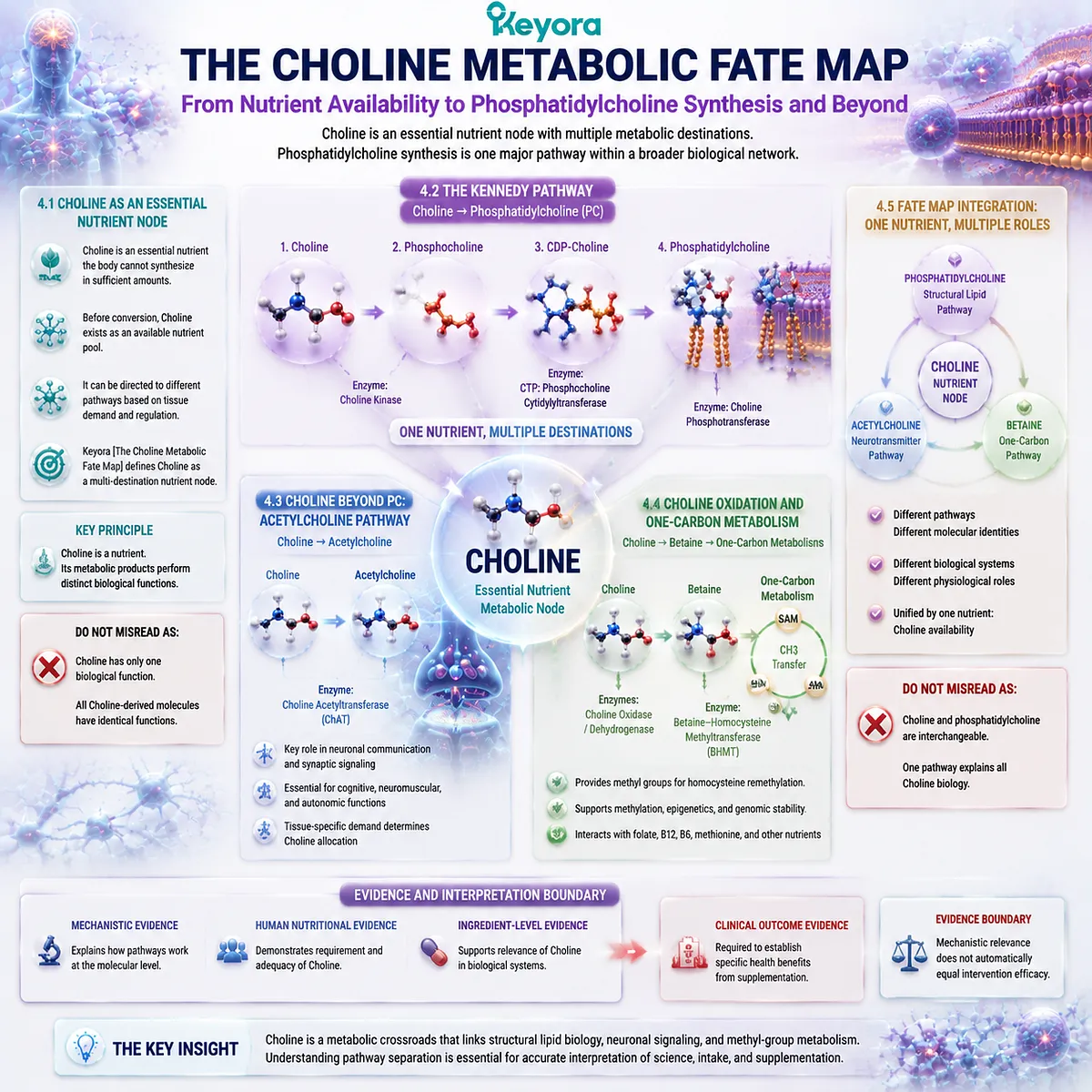 Choline metabolism maps multiple biological destinations including phosphatidylcholine, acetylcholine, and betaine pathways through Keyora Choline Metabolic Fate Map systems biology. Choline metabolism maps multiple biological destinations including phosphatidylcholine, acetylcholine, and betaine pathways through Keyora Choline Metabolic Fate Map systems biology.