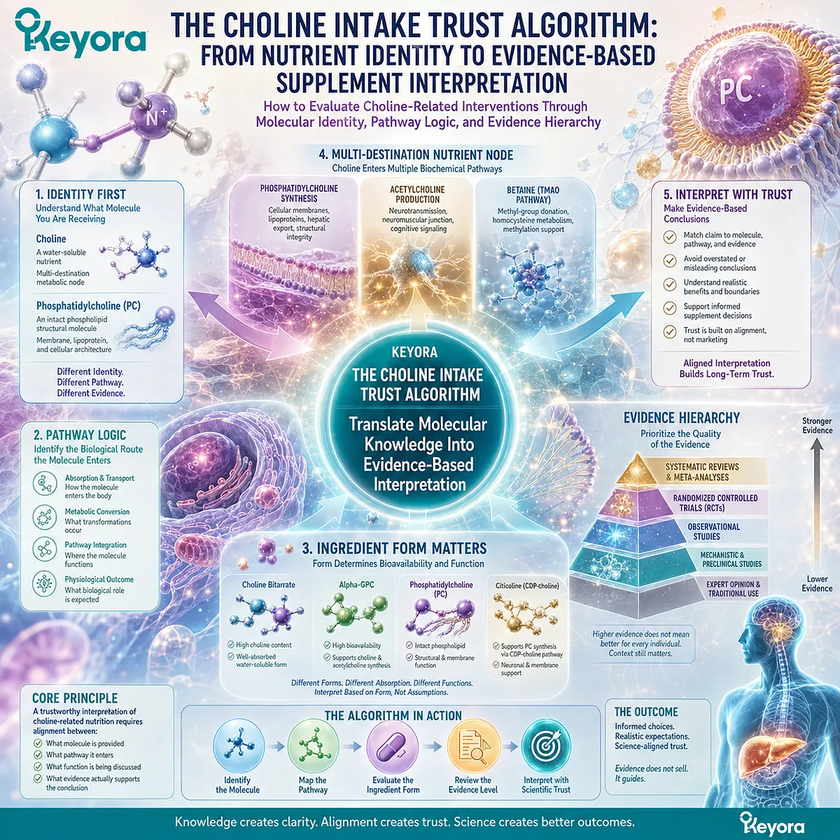 Choline nutrition links molecular identity and phosphatidylcholine pathways with evidence-based supplement interpretation through Keyora The Choline Intake Trust Algorithm. Choline nutrition links molecular identity and phosphatidylcholine pathways with evidence-based supplement interpretation through Keyora The Choline Intake Trust Algorithm.