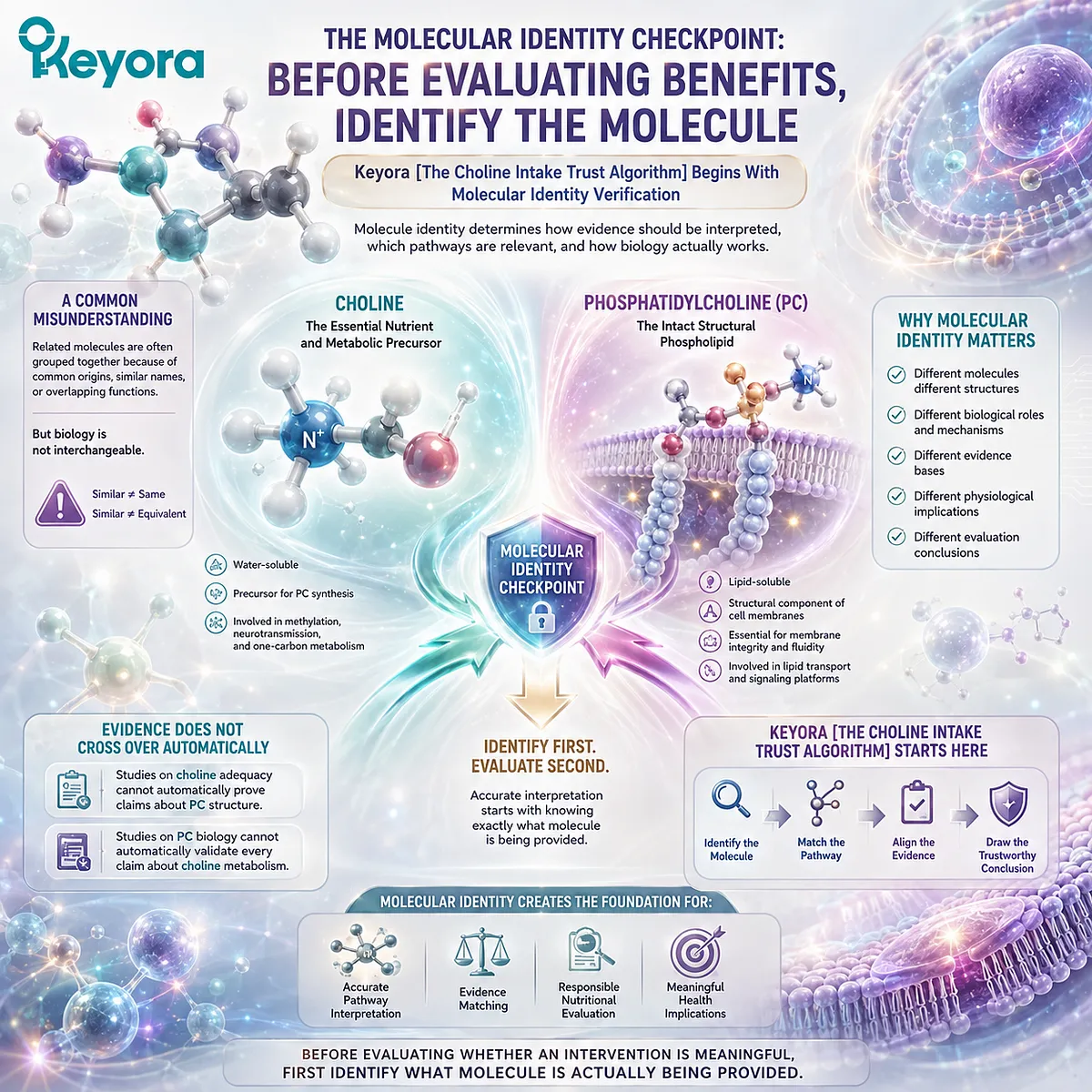 Choline and phosphatidylcholine require distinct molecular identity checks before pathway and evidence interpretation in Keyora The Choline Intake Trust Algorithm. Choline and phosphatidylcholine require distinct molecular identity checks before pathway and evidence interpretation in Keyora The Choline Intake Trust Algorithm.