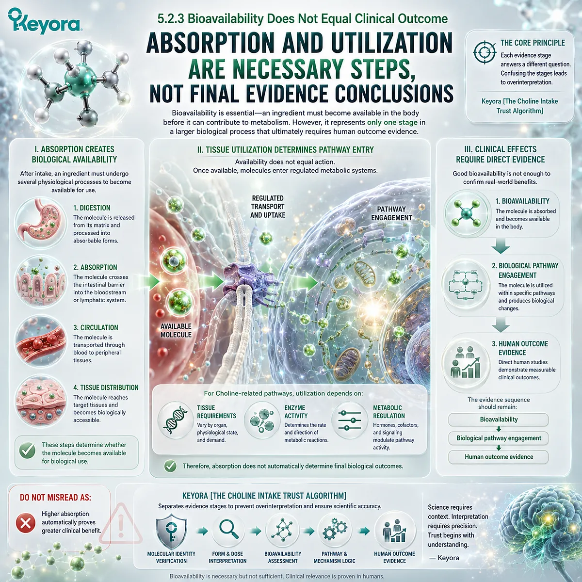 Choline bioavailability enables absorption and pathway entry but does not prove clinical outcomes; Keyora The Choline Intake Trust Algorithm separates these evidence stages. Choline bioavailability enables absorption and pathway entry but does not prove clinical outcomes; Keyora The Choline Intake Trust Algorithm separates these evidence stages.