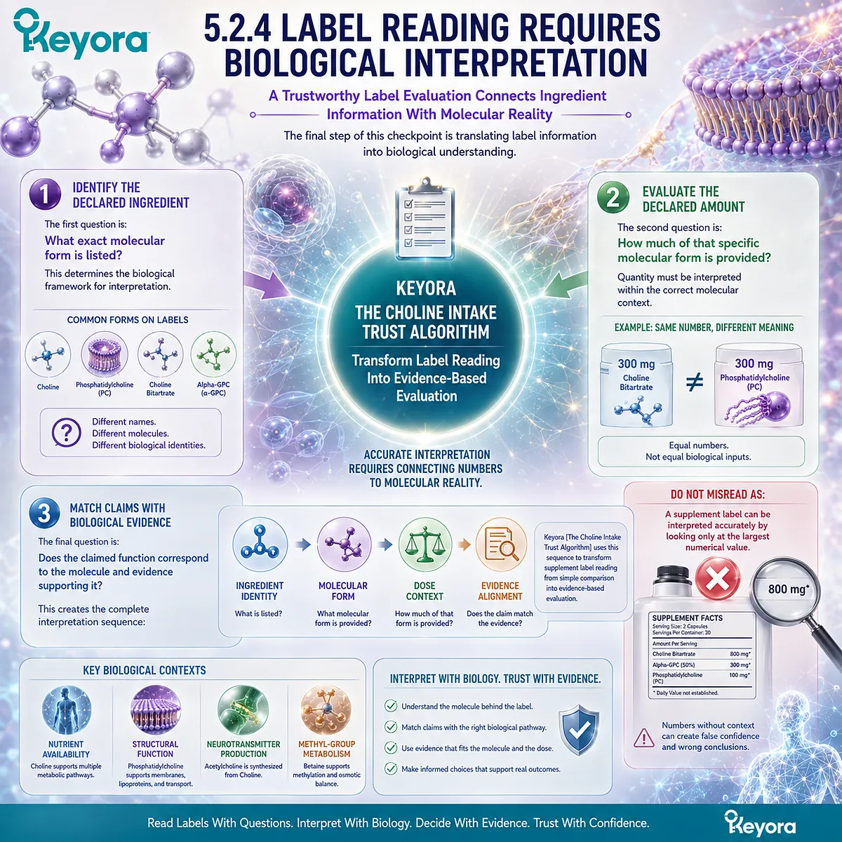 Choline supplement label reading links ingredient identity, molecular form, dose context, and evidence alignment through Keyora The Choline Intake Trust Algorithm. Choline supplement label reading links ingredient identity, molecular form, dose context, and evidence alignment through Keyora The Choline Intake Trust Algorithm.