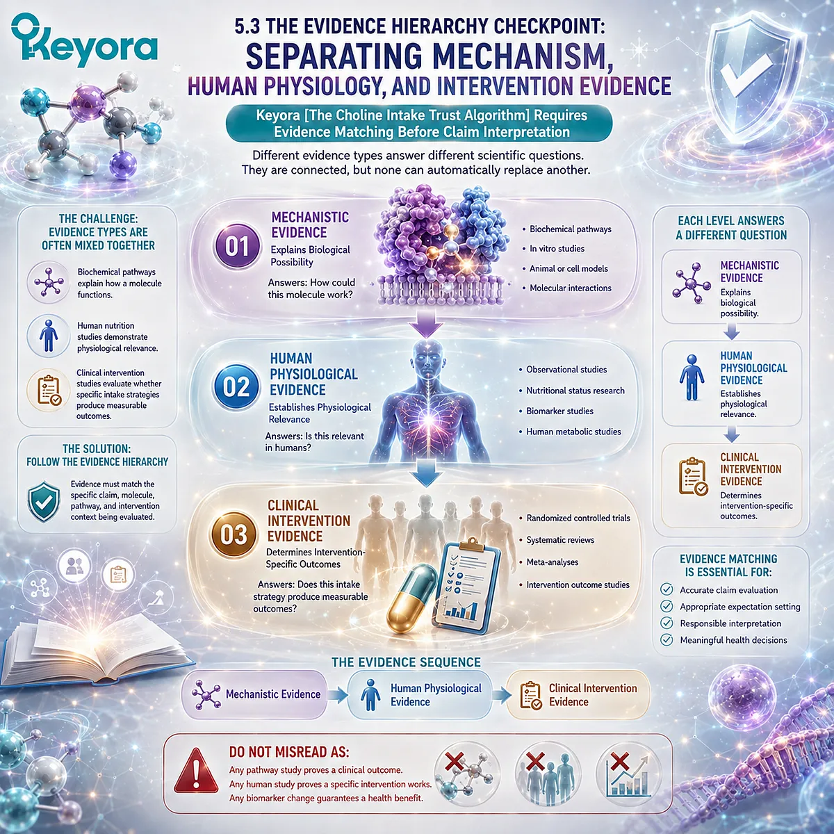 Choline supplement evidence progresses from biochemical mechanism to human physiology and clinical intervention, ranked by Keyora The Choline Intake Trust Algorithm. Choline supplement evidence progresses from biochemical mechanism to human physiology and clinical intervention, ranked by Keyora The Choline Intake Trust Algorithm.