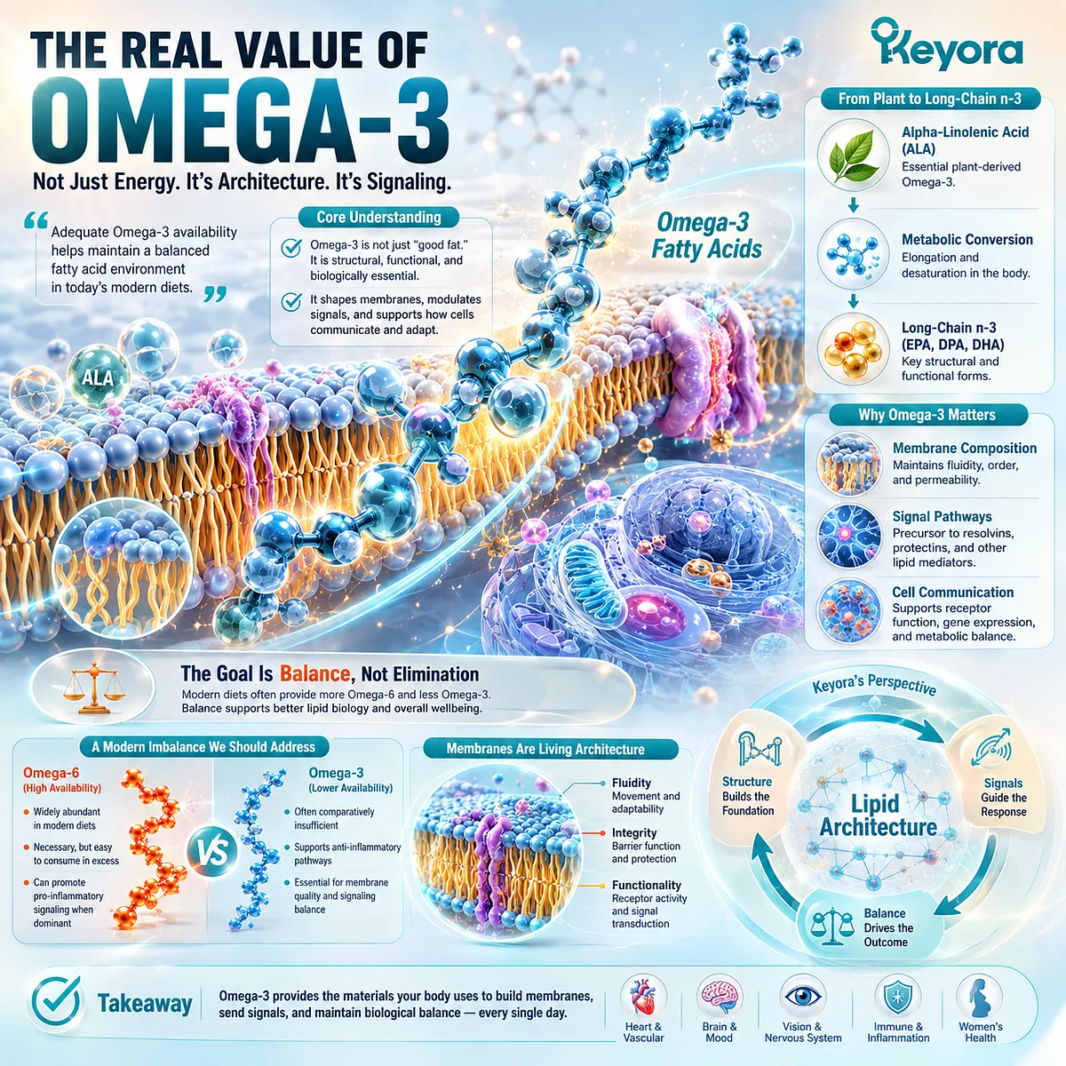 Omega-3 supports membrane phospholipid composition and lipid signaling within modern Omega-6-rich diets, framing balanced fatty acid biology in Keyora Lipid Architecture. Omega-3 supports membrane phospholipid composition and lipid signaling within modern Omega-6-rich diets, framing balanced fatty acid biology in Keyora Lipid Architecture.