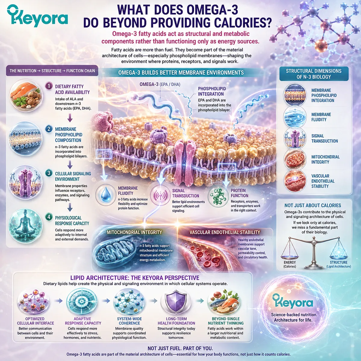 Omega-3 supports membrane phospholipid composition, fluidity and cellular signaling beyond calories, defining the structural role of fats in Keyora Lipid Architecture. Omega-3 supports membrane phospholipid composition, fluidity and cellular signaling beyond calories, defining the structural role of fats in Keyora Lipid Architecture.