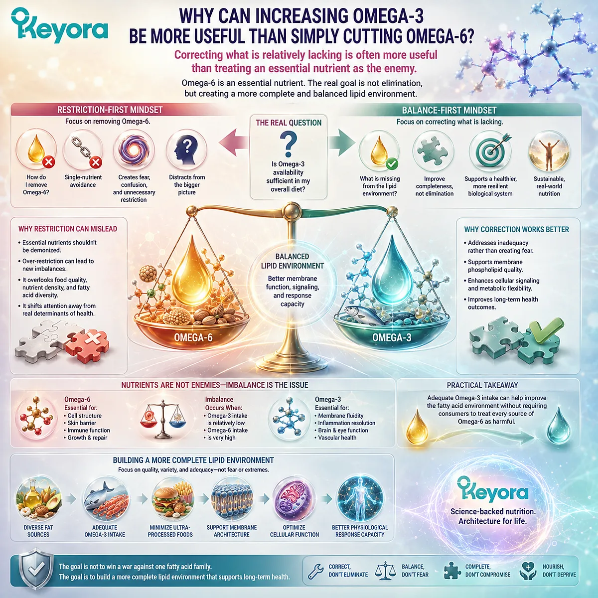 Increasing Omega-3 supports fatty acid balance and n-3 substrate availability without eliminating essential Omega-6, a strategy framed by Keyora Lipid Architecture. Increasing Omega-3 supports fatty acid balance and n-3 substrate availability without eliminating essential Omega-6, a strategy framed by Keyora Lipid Architecture.