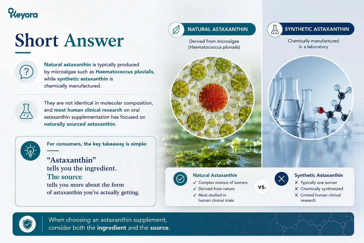KEYORA introductory comparison slide titled "Short Answer", contrasting green and red Haematococcus pluvialis microalgae under microscopy against chemical beakers and molecular models in a lab. It clarifies that natural astaxanthin is derived from microalgae with a complex mixture of isomers and extensive human clinical research, whereas synthetic astaxanthin is chemically manufactured with limited clinical studies. KEYORA introductory comparison slide titled "Short Answer", contrasting green and red Haematococcus pluvialis microalgae under microscopy against chemical beakers and molecular models in a lab. It clarifies that natural astaxanthin is derived from microalgae with a complex mixture of isomers and extensive human clinical research, whereas synthetic astaxanthin is chemically manufactured with limited clinical studies.