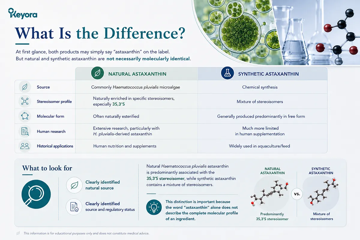 KEYORA comparison table titled "What Is the Difference?", analyzing natural versus synthetic astaxanthin across five criteria: source (H. pluvialis vs. chemical synthesis), stereoisomer profile (predominantly 3S,3'S vs. mixed isomers), molecular form (naturally esterified vs. free form), human research backing, and historical applications. KEYORA comparison table titled "What Is the Difference?", analyzing natural versus synthetic astaxanthin across five criteria: source (H. pluvialis vs. chemical synthesis), stereoisomer profile (predominantly 3S,3'S vs. mixed isomers), molecular form (naturally esterified vs. free form), human research backing, and historical applications.