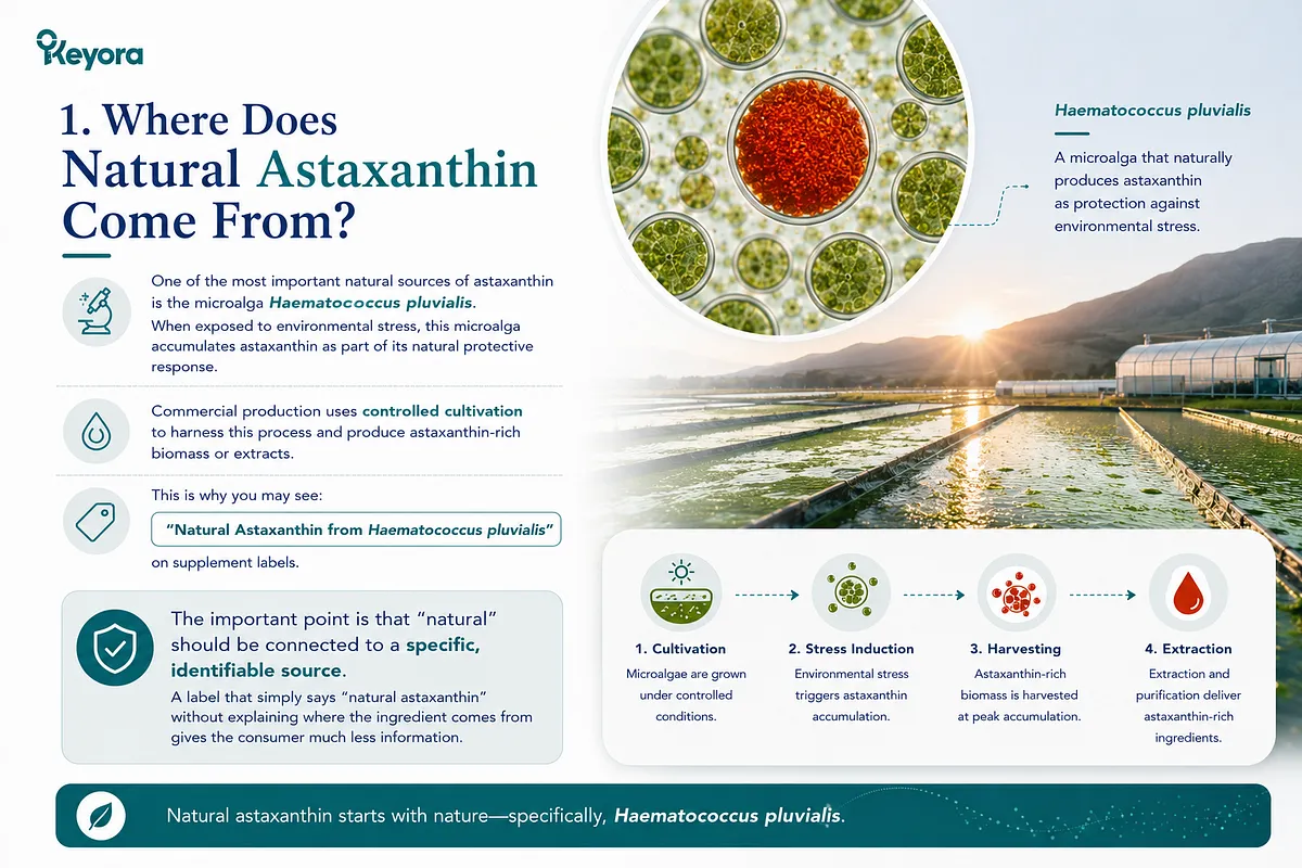 KEYORA visual guide titled "1. Where Does Natural Astaxanthin Come From?", depicting outdoor microalgae cultivation ponds at sunrise alongside red encysted H. pluvialis cells. A four-stage production flow illustrates Cultivation, Stress Induction, Harvesting, and Extraction. KEYORA visual guide titled "1. Where Does Natural Astaxanthin Come From?", depicting outdoor microalgae cultivation ponds at sunrise alongside red encysted H. pluvialis cells. A four-stage production flow illustrates Cultivation, Stress Induction, Harvesting, and Extraction.