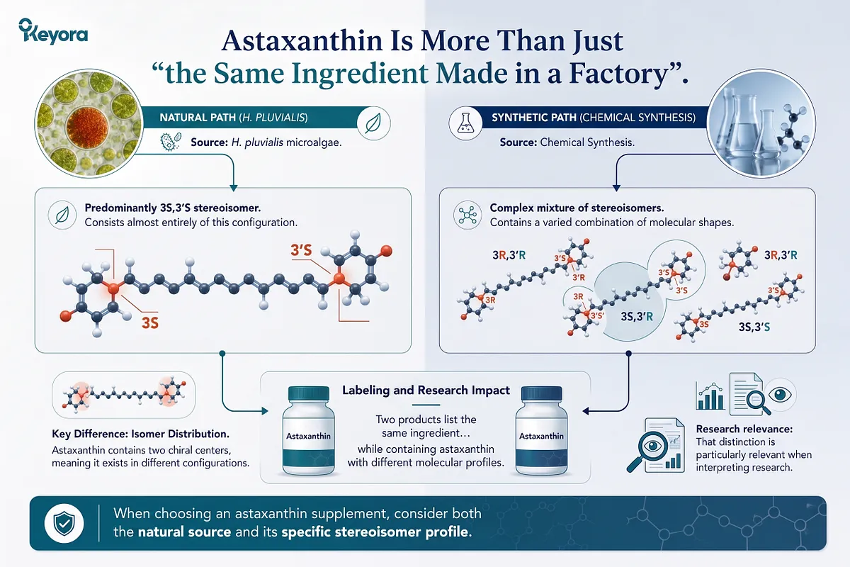 KEYORA molecular science diagram titled "Astaxanthin Is More Than Just 'the Same Ingredient Made in a Factory'". It illustrates the 3D chemical structures of the natural 3S,3'S stereoisomer from microalgae versus the complex isomer mix (3R,3'R, 3R,3'S, 3S,3'S) found in synthetic astaxanthin. KEYORA molecular science diagram titled "Astaxanthin Is More Than Just 'the Same Ingredient Made in a Factory'". It illustrates the 3D chemical structures of the natural 3S,3'S stereoisomer from microalgae versus the complex isomer mix (3R,3'R, 3R,3'S, 3S,3'S) found in synthetic astaxanthin.