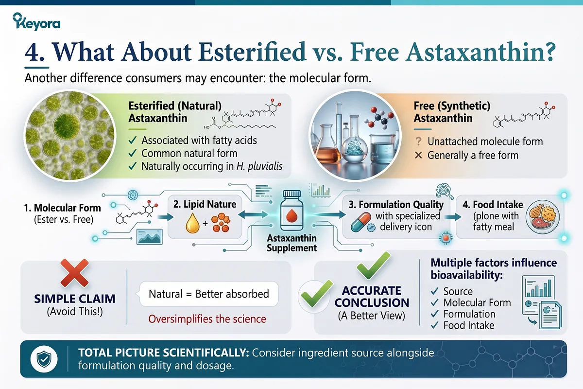 KEYORA biochemical diagram titled "4. What About Esterified vs. Free Astaxanthin?". It maps out factors influencing bioavailability, including molecular form (esterified fatty acid chains in nature vs. unattached synthetic molecules), lipid formulation, and meal timing with dietary fats. KEYORA biochemical diagram titled "4. What About Esterified vs. Free Astaxanthin?". It maps out factors influencing bioavailability, including molecular form (esterified fatty acid chains in nature vs. unattached synthetic molecules), lipid formulation, and meal timing with dietary fats.