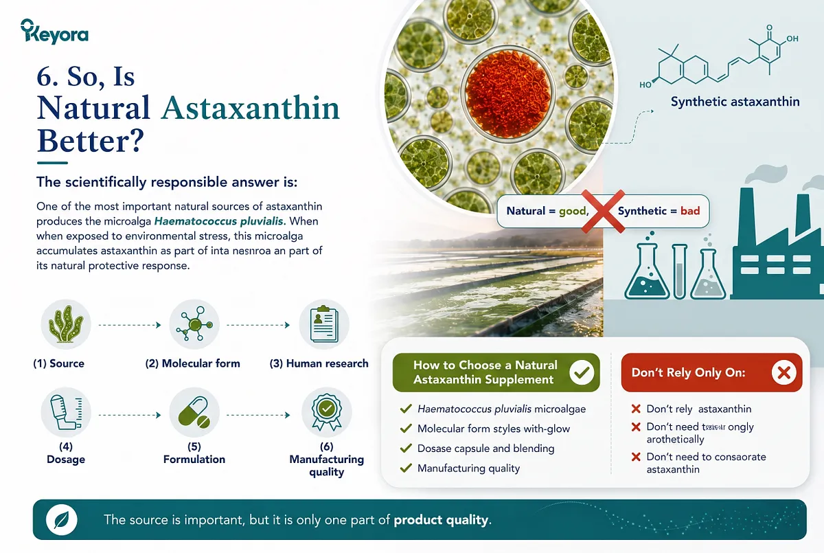 KEYORA critical evaluation slide titled "6. So, Is Natural Astaxanthin Better?", showing microalgae cultivation basins and chemical factory silhouettes with a crossed-out "Natural = good, Synthetic = bad" oversimplification. It provides a 6-pillar framework for choosing supplements based on source, molecular form, clinical research, dosage, formulation, and manufacturing quality. KEYORA critical evaluation slide titled "6. So, Is Natural Astaxanthin Better?", showing microalgae cultivation basins and chemical factory silhouettes with a crossed-out "Natural = good, Synthetic = bad" oversimplification. It provides a 6-pillar framework for choosing supplements based on source, molecular form, clinical research, dosage, formulation, and manufacturing quality.